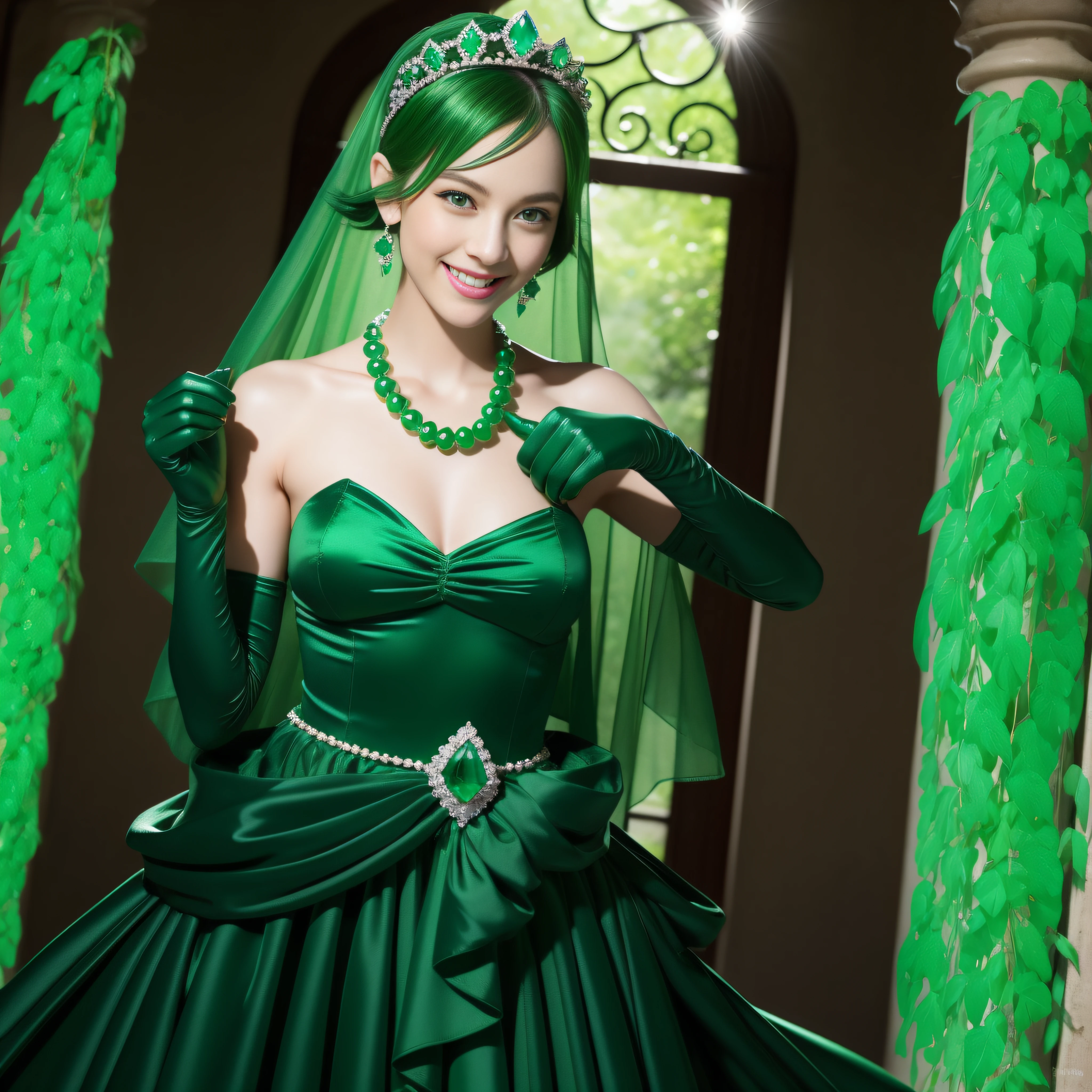 emerald tiara, Green Pearl Necklace, Boyish very short green hair, lipsticks, Japan woman smiling, very short short hair, fist, big breasts beautiful, Green eyes, Long green gloves made of satin material, Green eyes, Emerald Earrings