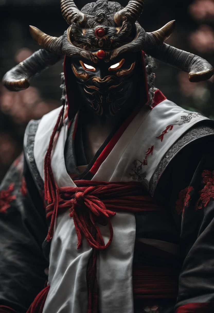 a white ninja with a Japanese oni mask, com uma roupa preta, menacingly