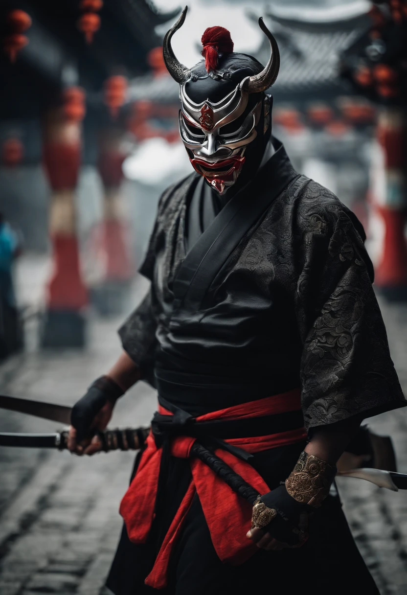 a white ninja with a Japanese oni mask, com uma roupa preta, menacingly