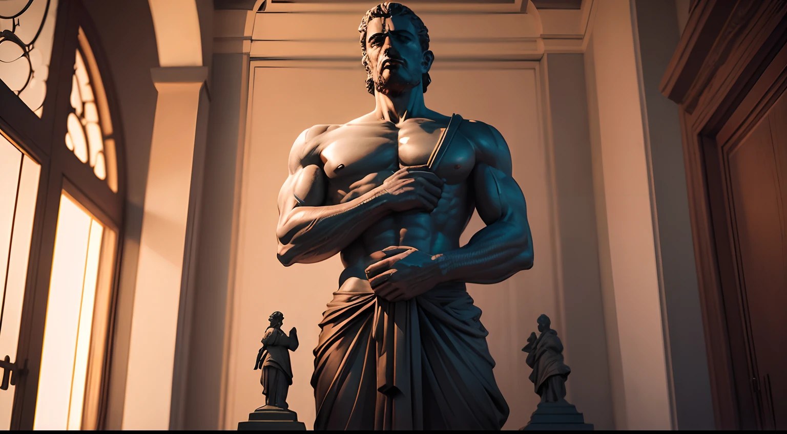 Stoic statue, with an expression of anger, usando manto e tunica longo sobre todo o corpo, Noite escura, ao ceu aberto, 35 mm, lateralmente, Filmado em Sony A7S III com Sony FE 35mm f/1.8, 12.1 MP, --AR 3:2 --estilo cru