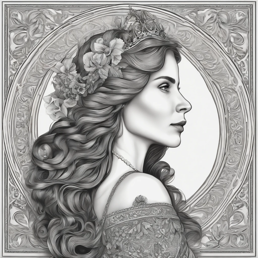 ((Gorgeous Princess)), (with long, flowing gray hair), (Bright and beautiful eyes), (side profile), Art Station Trend, "Flower of Hope" Super Detailed, Crazy detailing, Stunning, Intricate, elite, Jugendstil, ornate, liquid wax, elegant, luxurious, by Greg Rutkowsky, ink style, Sticker, vector art, Beautiful character design, Double exposure shot, Luminous design, Winning Bid, Masterpiece, AMOLED-black background,