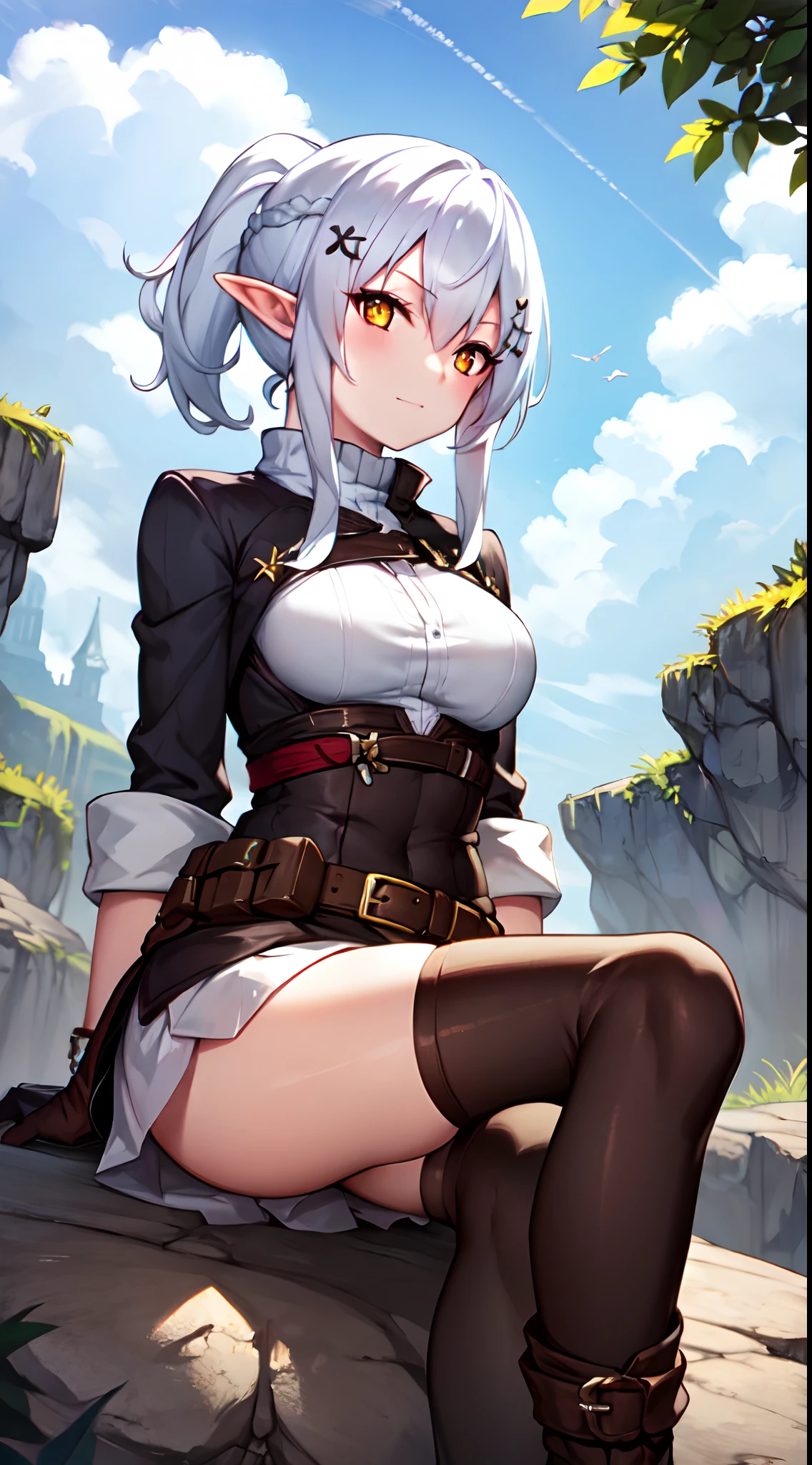 one girl, white hair, yellow eye, elf, medium breast, ponytail hairstyle, adventure theme, sit on the rock,