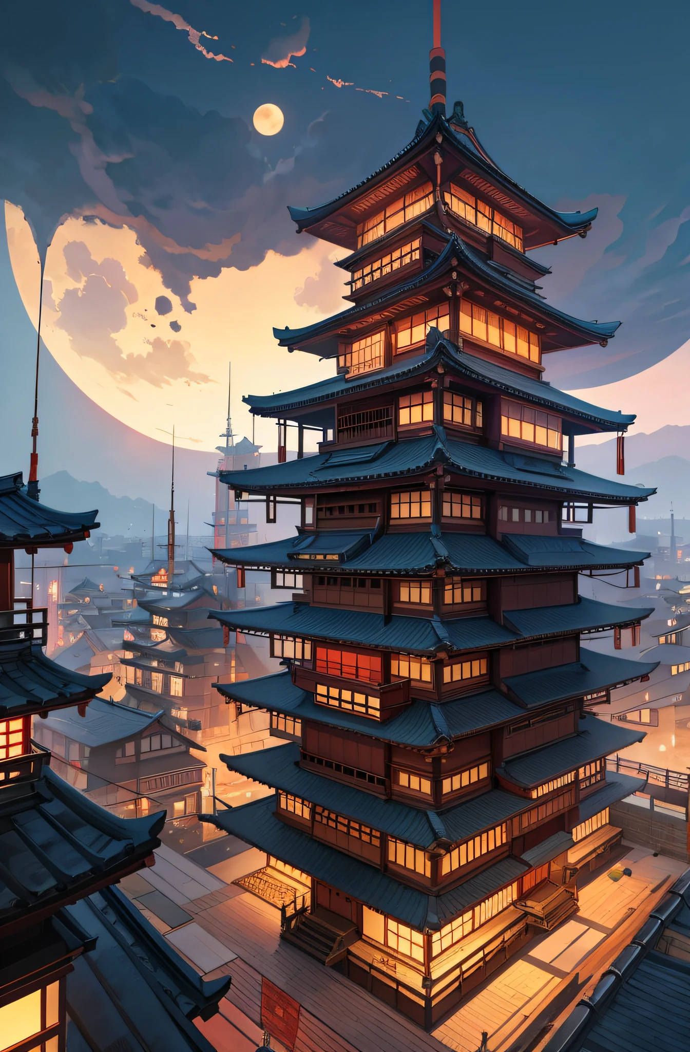 Japanese-style buildings, Dämonenstadt, nachthimmel, Roter Mond, realistisches Full HD, best quality
