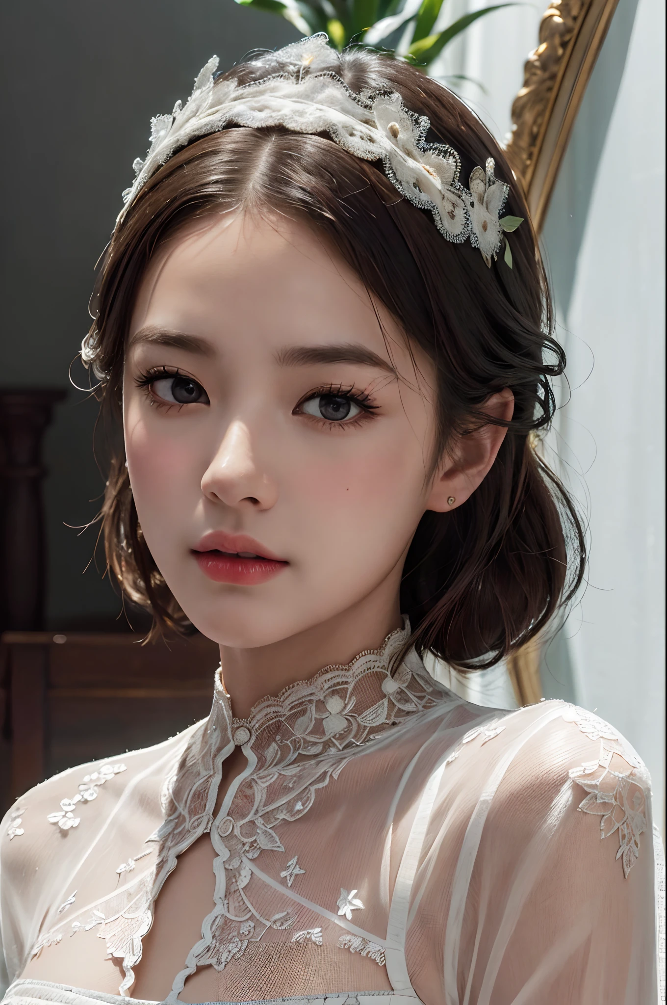 best quality, masterpiece,intricate detail, depth of field,highest quality,extremely detailed,high res,4k,ultra high res,detailed shadow,ultra realistic,realistic,dramatic lighting, 1girl, solo,detailed face,detailed eye,realistic skin,narrow waist,lace, lace trim,dress,delicate pattern, intricate detail,