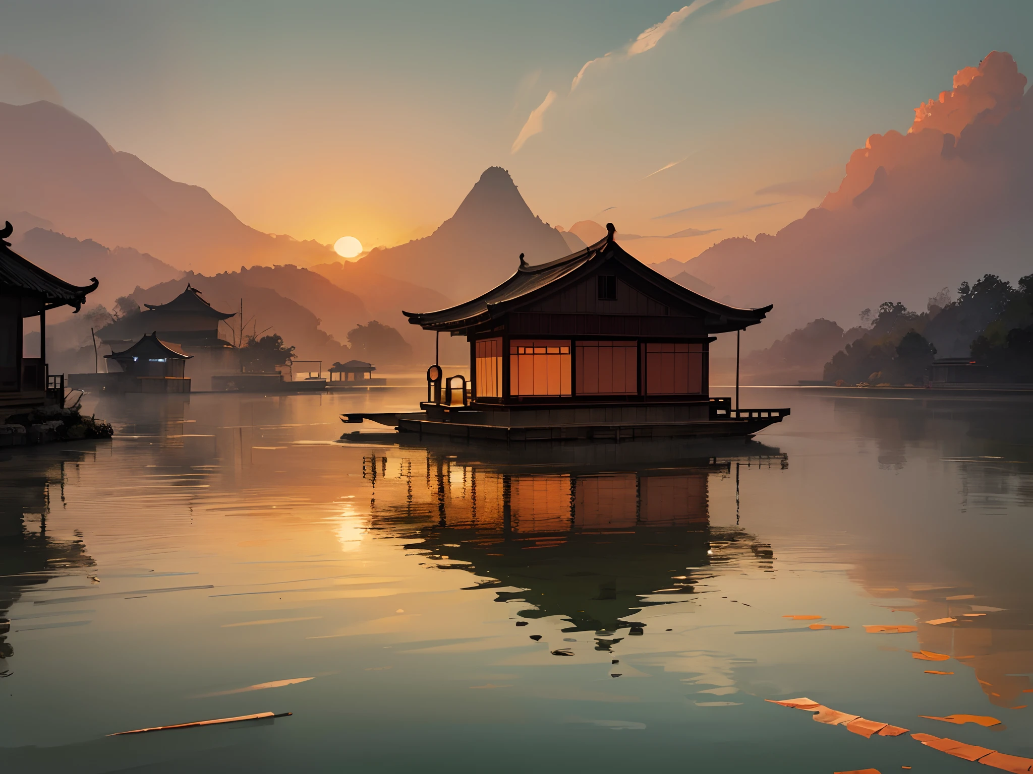 muted Chinese ink painting, muted colors, rice paper texture, splash paint, Ninh Binh town, boat, red sun, Old cottage. Lakeside. Morning light. Clouds wet to wet techniques.