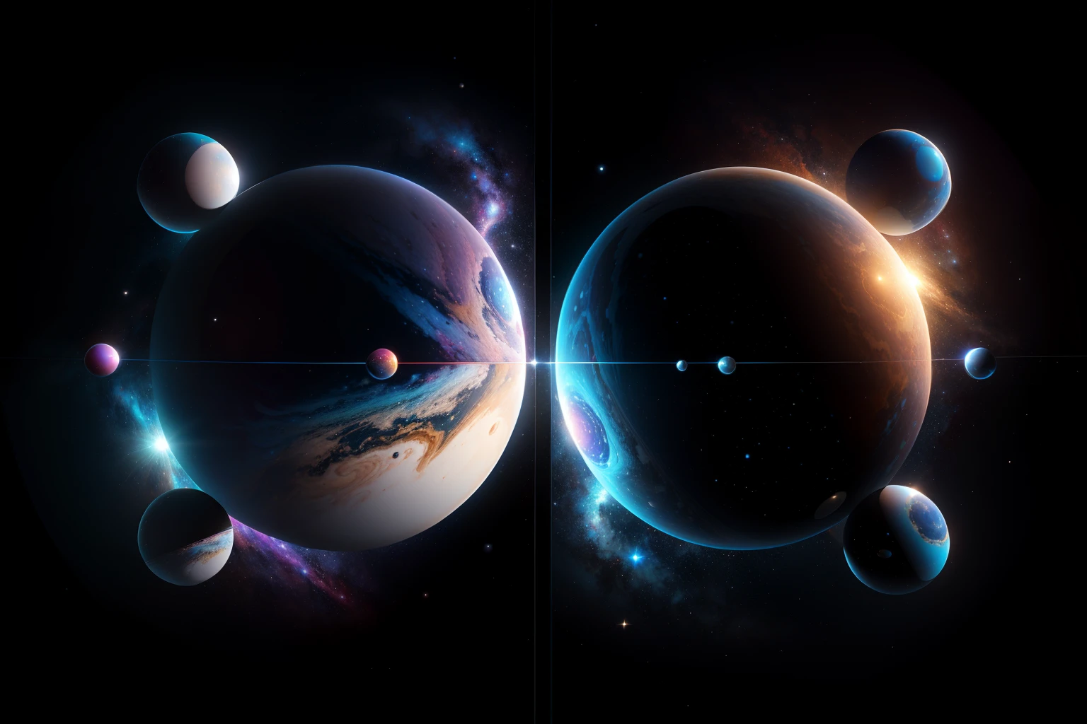 Imagine a Two mirrors oppositely placed between them is a universe galaxys planets supernova astronaute whose reflections repeat themselves endlessly the form of an interplanetary universRecursive reflections that shrink to infinity e , liquid Chrome, realistic environment, wide angle side view, fast shutter speed 1/l500, aperture f/12, Cinema 4D, Masterpiece, 8k, HR, HQ, 4D, bokeh - -ar 3:2 4c