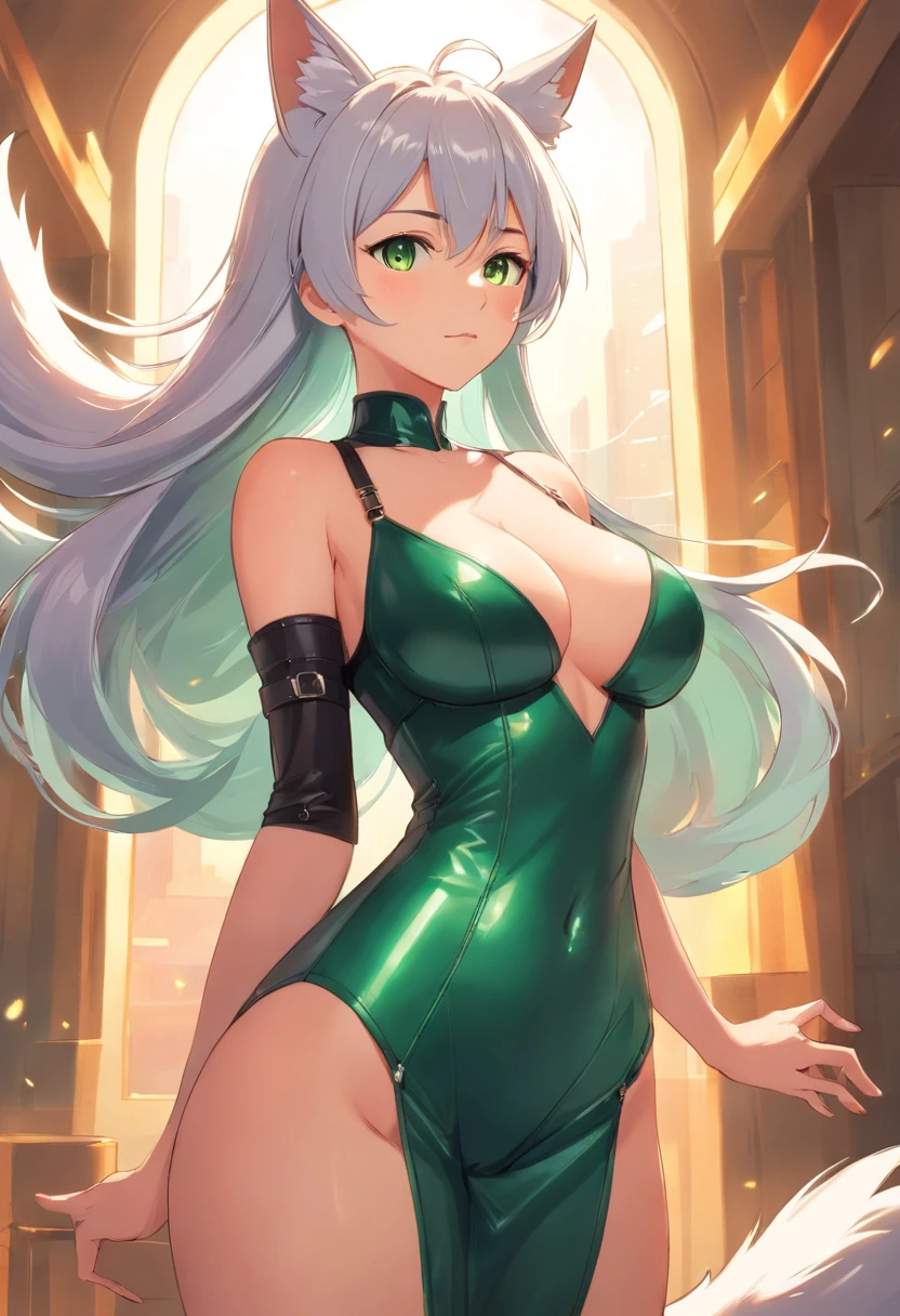 a one woman, Fox ears, Foxtail, Silver hair, Green eyes, big breasts, Leather, Transparent, pantyhouse, leather dress, Bodysuit, Mature Lady, A tall man, wide hips, big ass, Sexy, Mature,