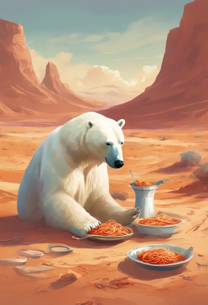 A polar bear eating spaghetti bolognese in a desert