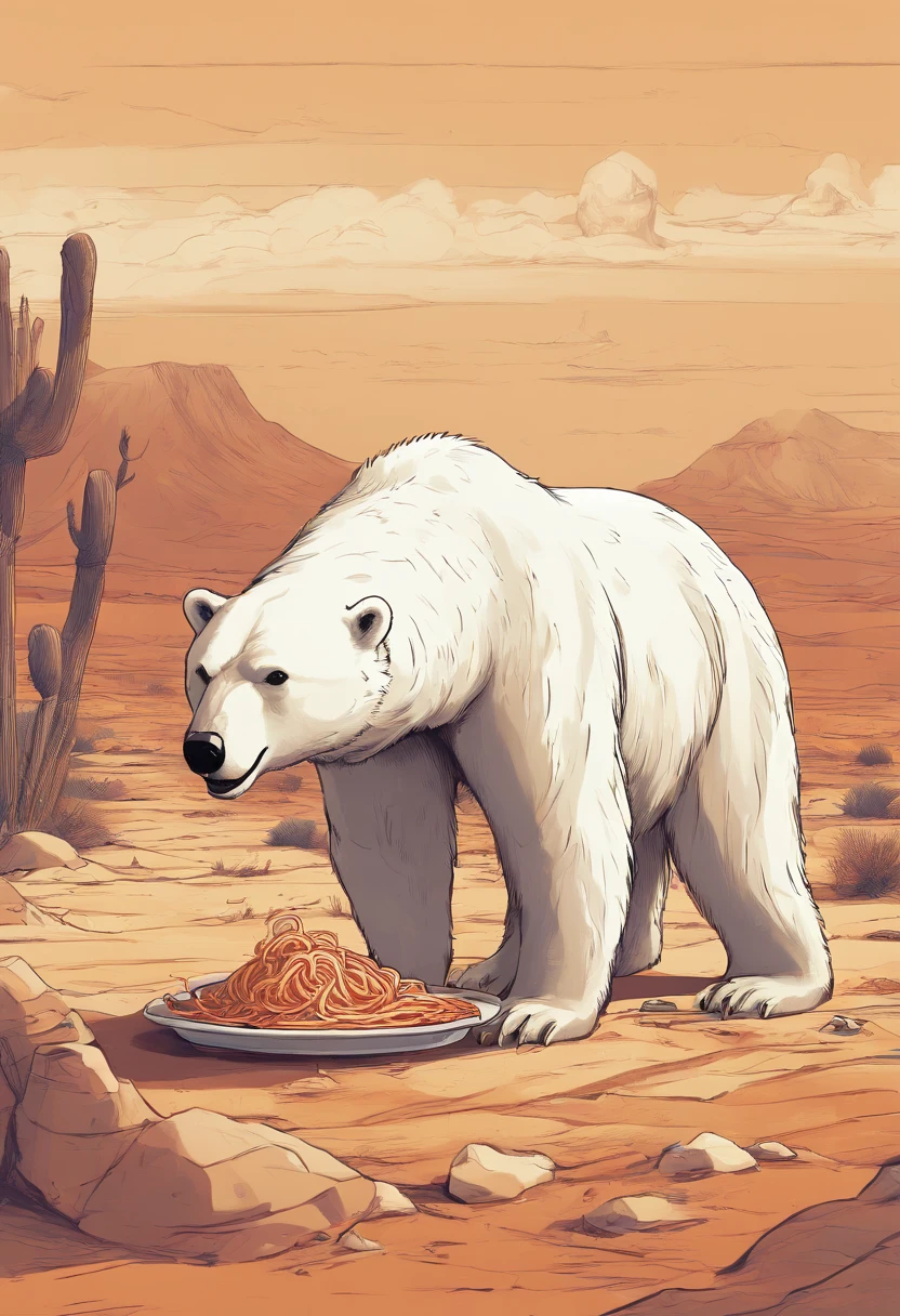 A polar bear eating spaghetti bolognese in a desert