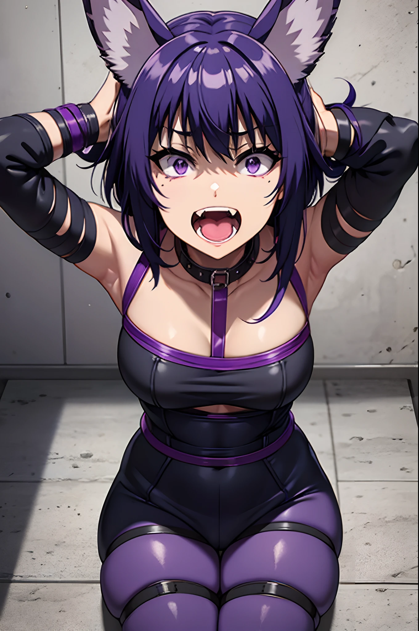 COLLAR,LEASH,naked,animal,ears,purple hair,purple ears,tied up,restricted,bound,bondage,rope,gag,ball gag,scared expression open mouth clenched teeth