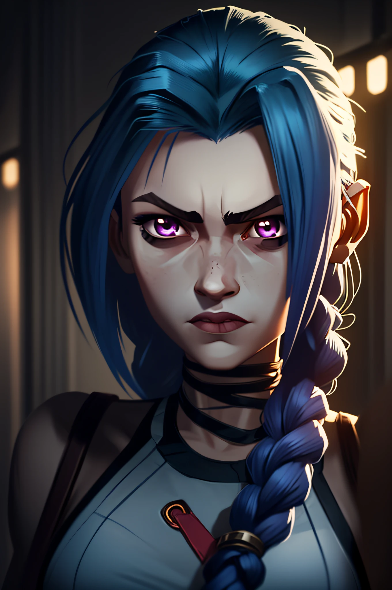 (masterpiece, best quality), 1girl, beautiful face, makima, braid, braided ponytail, necktie ,red purple eyes, Jinx weint vor der Kamera, Blaue Wolke Tattoo, (Meisterwerk, best quality), Seitliche Beleuchtung, beautiful detailed eyes, sad face), (best quality), (Meisterwerk), Magische Fotografie, Dramatische Beleuchtung, Fotorealismus, Ultra-detailliert, intimate portrait composition, Leica 50mm, Formel 1. 4,8K UHD, DSLR, aesthetic, 64 Tsd., hight resolution, 8K, Beste Ausleuchtung, Bester Schatten, Ultra-HD, hight resolution, Scharfer Fokus, Komplizierter Hintergrund, Filmische Beleuchtung, ((Landschaftsansicht)), 4K-Einheit, (Beste Ausleuchtung), ((Filmische Beleuchtung)),