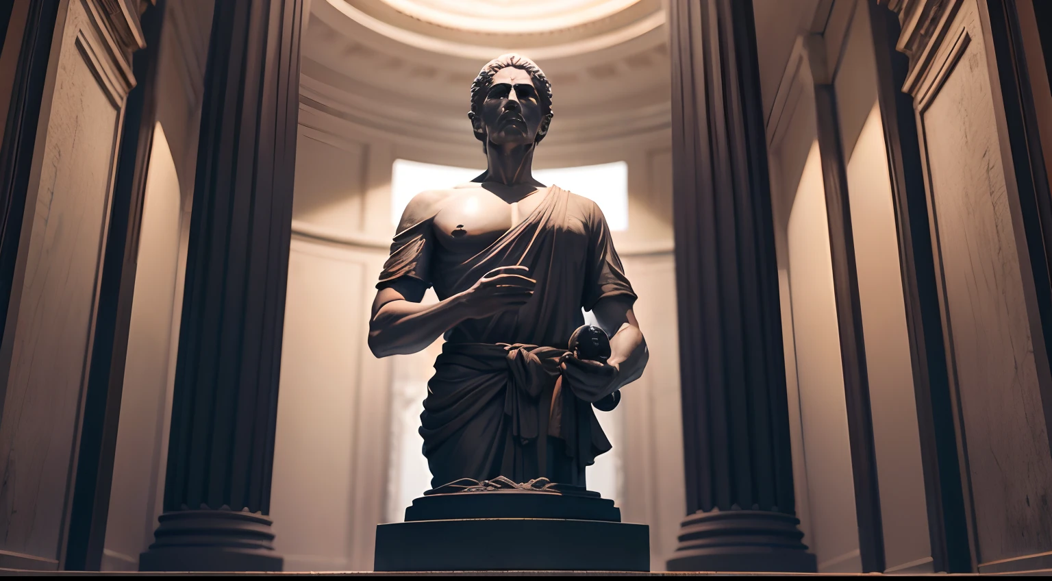 Stoic statue, with an expression of anger, usando manto e tunica longo sobre todo o corpo, Noite escura, ao ceu aberto, 35 mm, lateralmente, Filmado em Sony A7S III com Sony FE 35mm f/1.8, 12.1 MP, --AR 3:2 --estilo cru