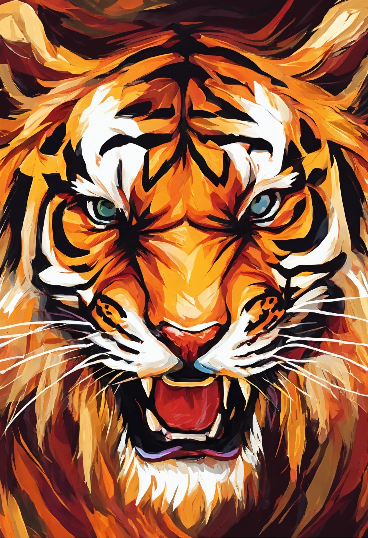Impasto Oil painting , matt color grading, roaring tiger, closed up of roaring tiger, angry tiger.