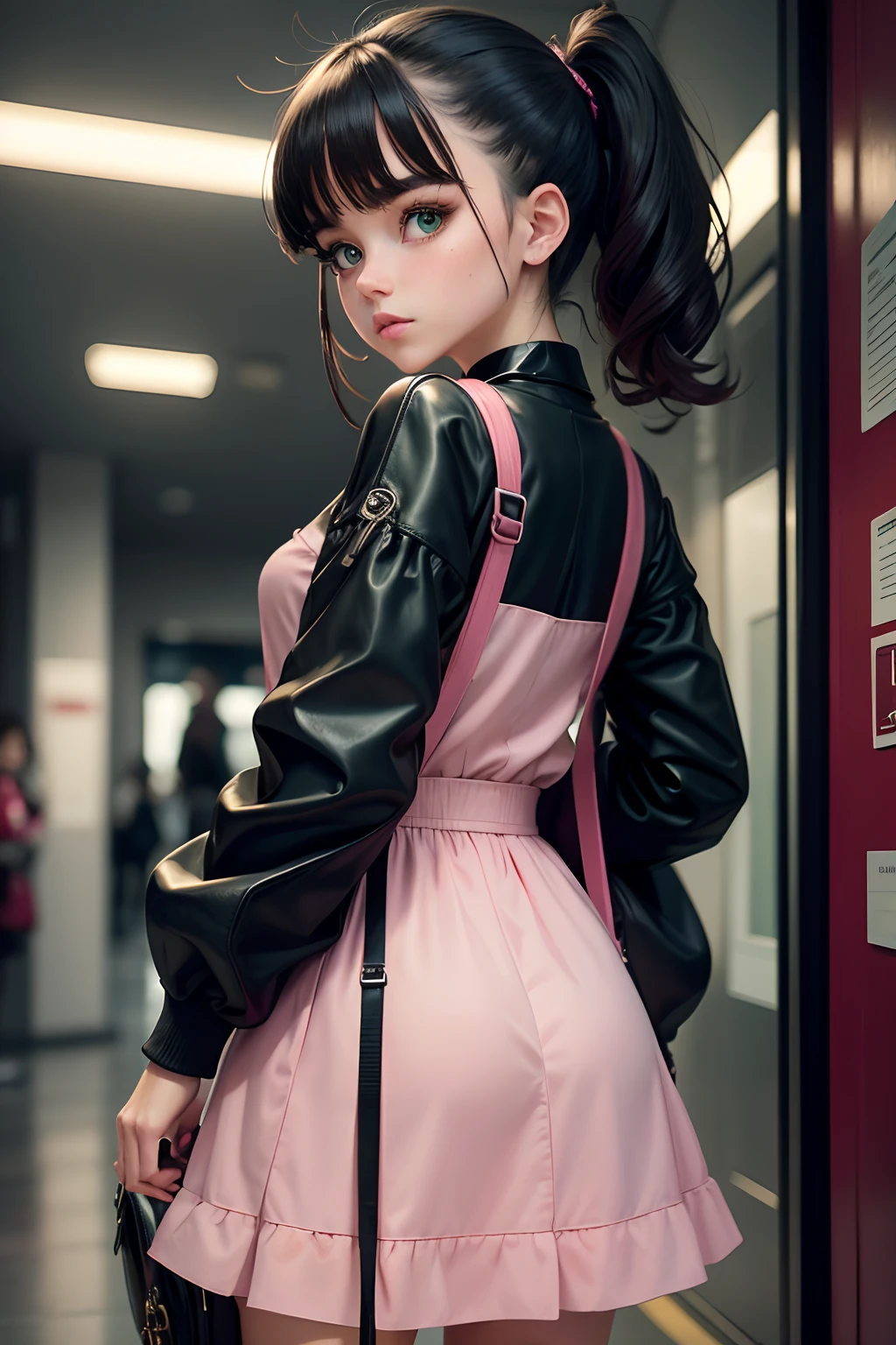 beautiful, masterpiece, best quality, extremely detailed face, perfect lighting, 1girl, solo, sketch, marnie (pokemon), green eyes, asymmetrical bangs, backpack, bag, black choker, black jacket, blurry, blurry background, choker, closed mouth, dress, from behind, indoors, jacket, long sleeves, looking at viewer, looking back, off shoulder, pink dress, red bag, solo