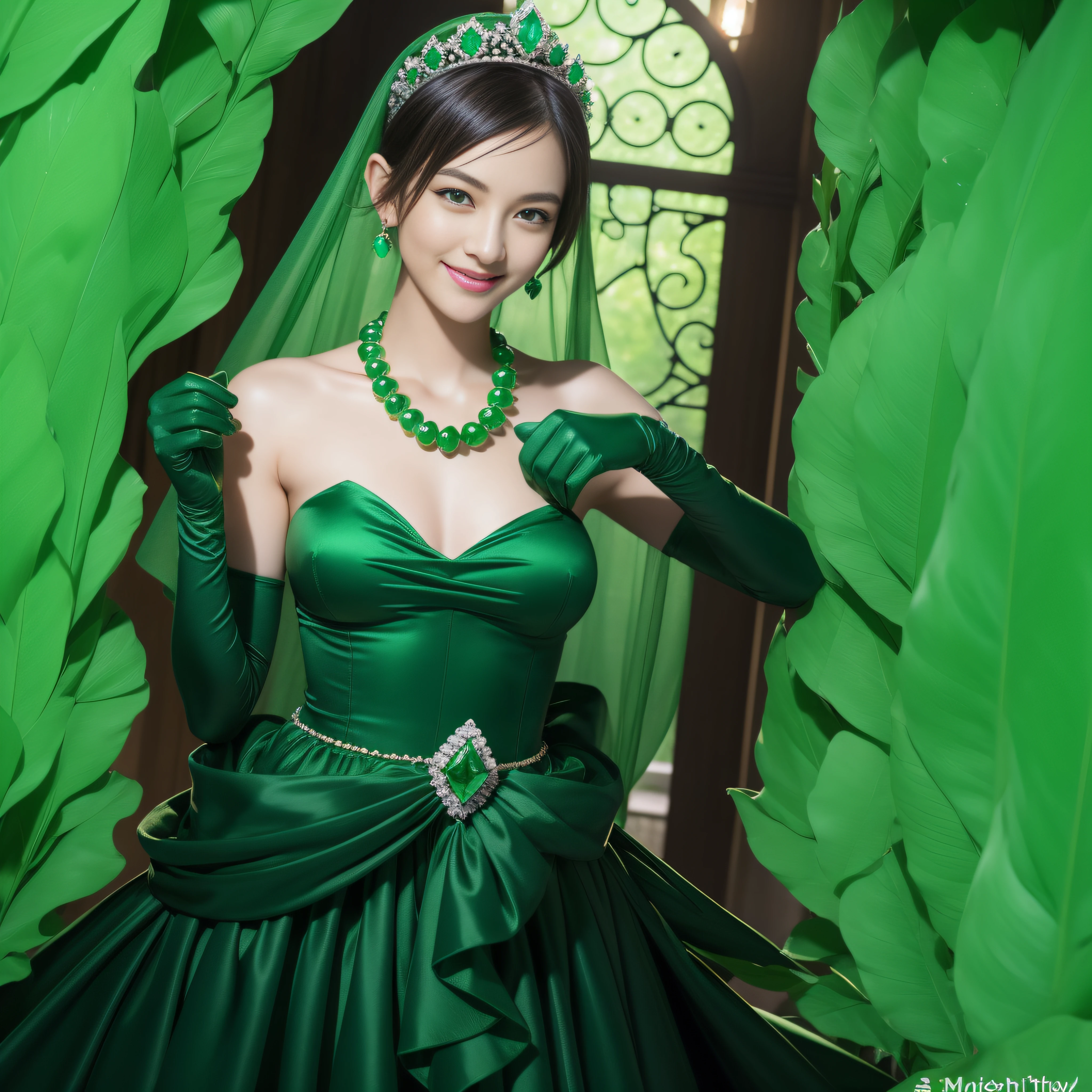 emerald tiara, Green Pearl Necklace, Boyish very short black hair, lipsticks, Japan woman smiling, very short short hair, fist, big breasts beautiful, Green eyes, Long green gloves made of satin material, Green eyes, Emerald Earrings