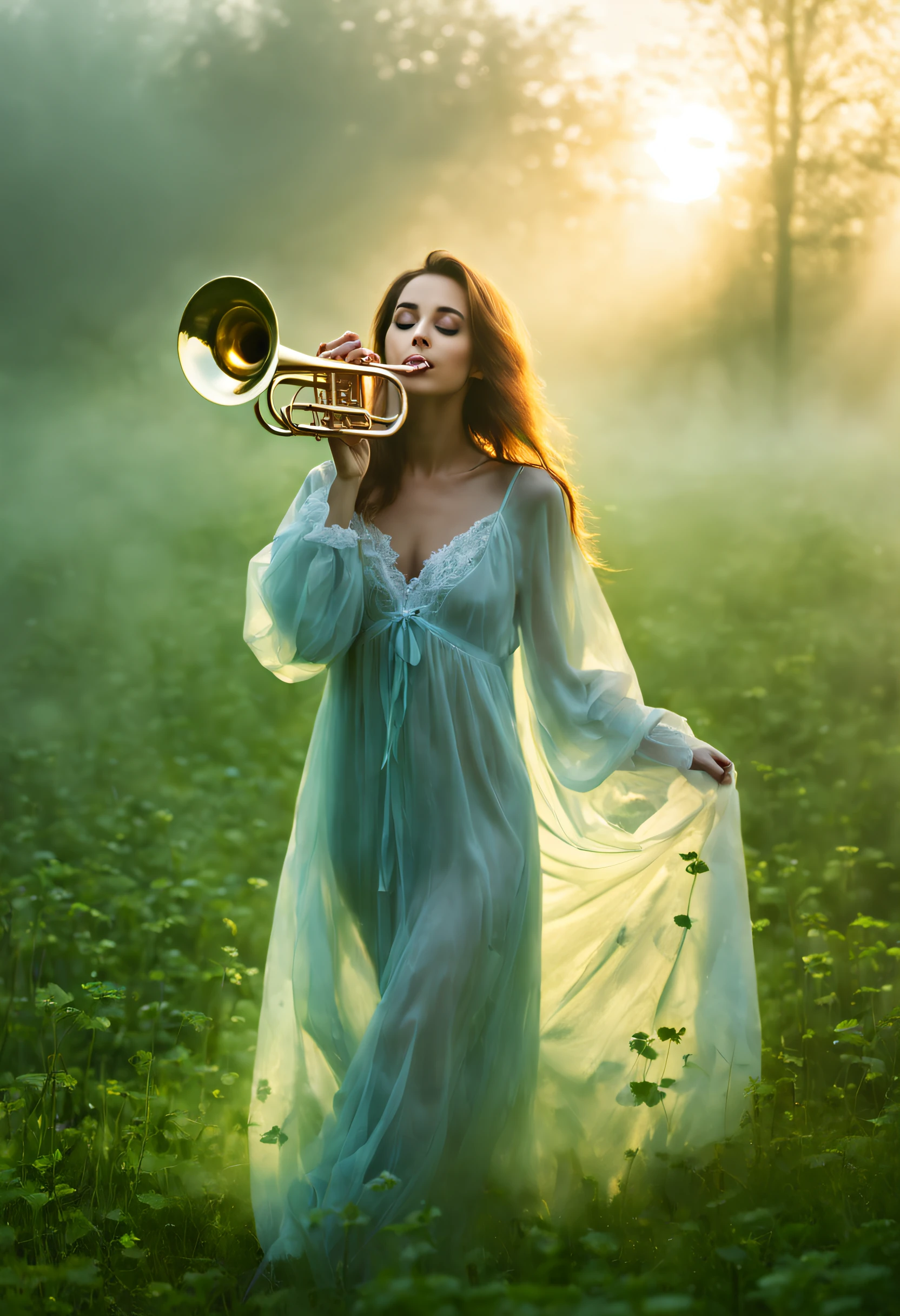 beautiful woman in a nightgown in the morning in the fog and sunlight walking on the grass and four-leaf clover and playing the trumpet