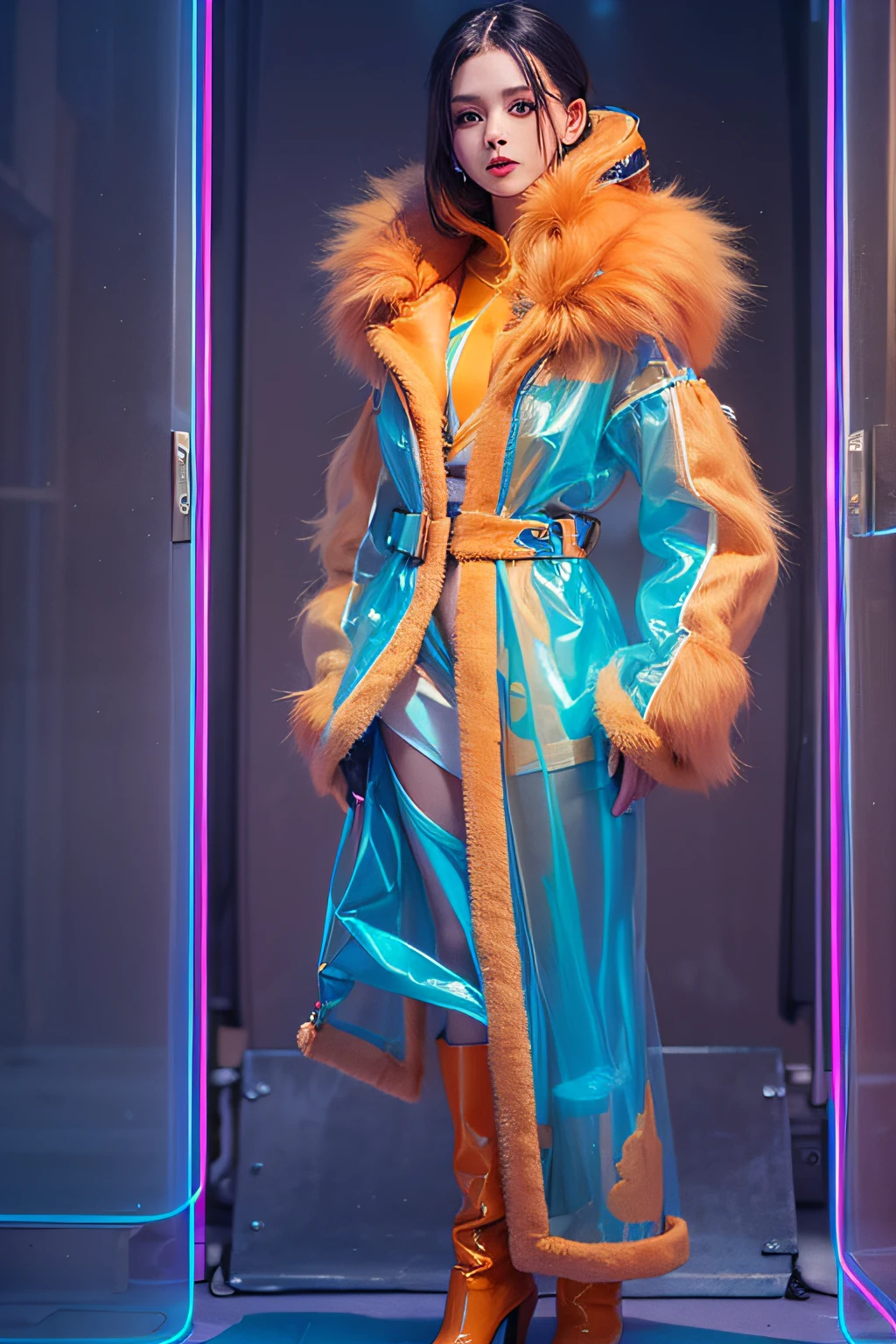 Supermodel in haute couture clothing, orange neon fur and blue transparent polyethylene, Clothing model, in full height, Neo-Futurism style, ultradetail, The texture of the fabric, studio lightning, Professional photo, tmasterpiece, Elegantly, Professional photo, Clothing concept