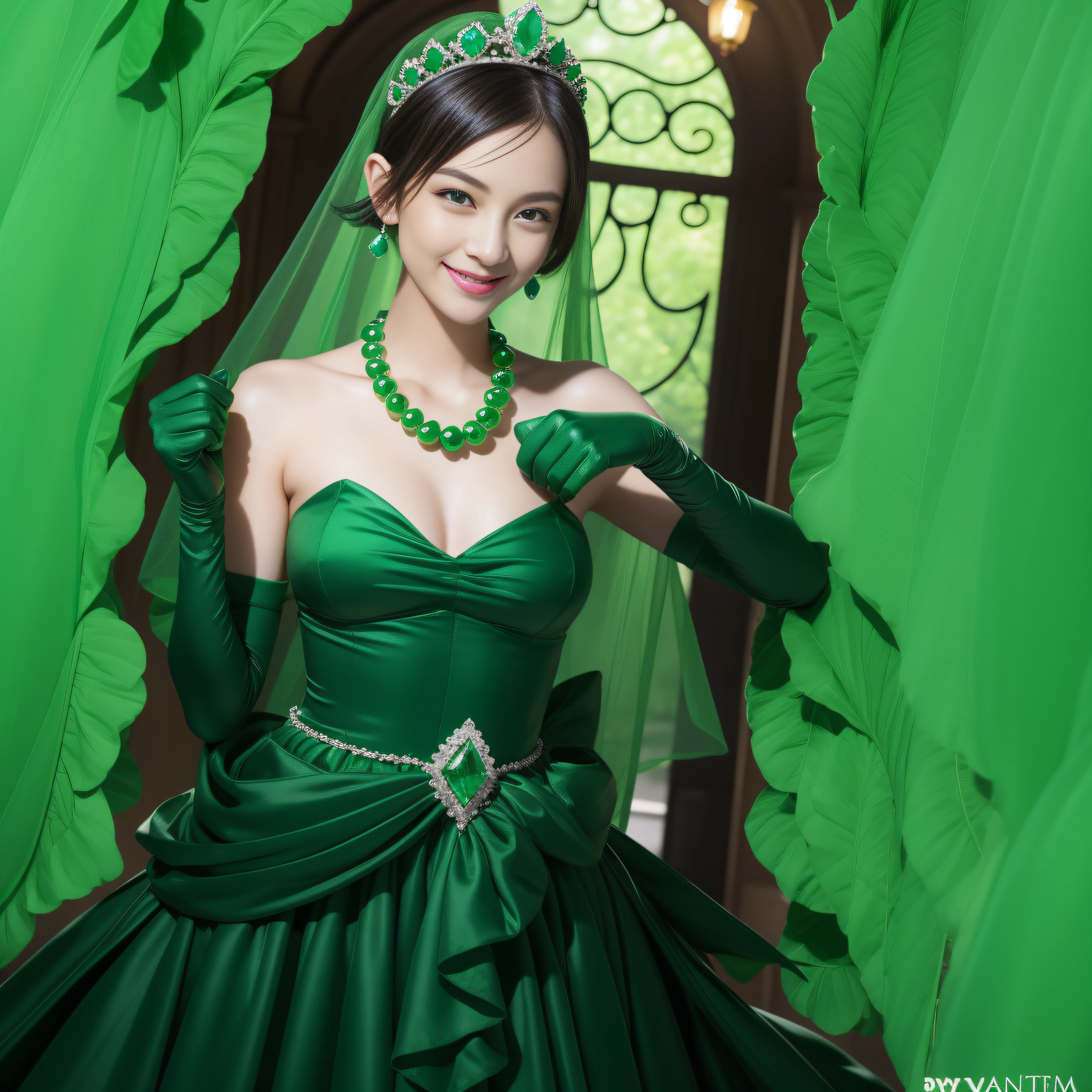 emerald tiara, Green Pearl Necklace, Boyish very short black hair, lipsticks, Japan woman smiling, very short short hair, fist, big breasts beautiful, Green eyes, Long green gloves made of satin material, Green eyes, Emerald Earrings