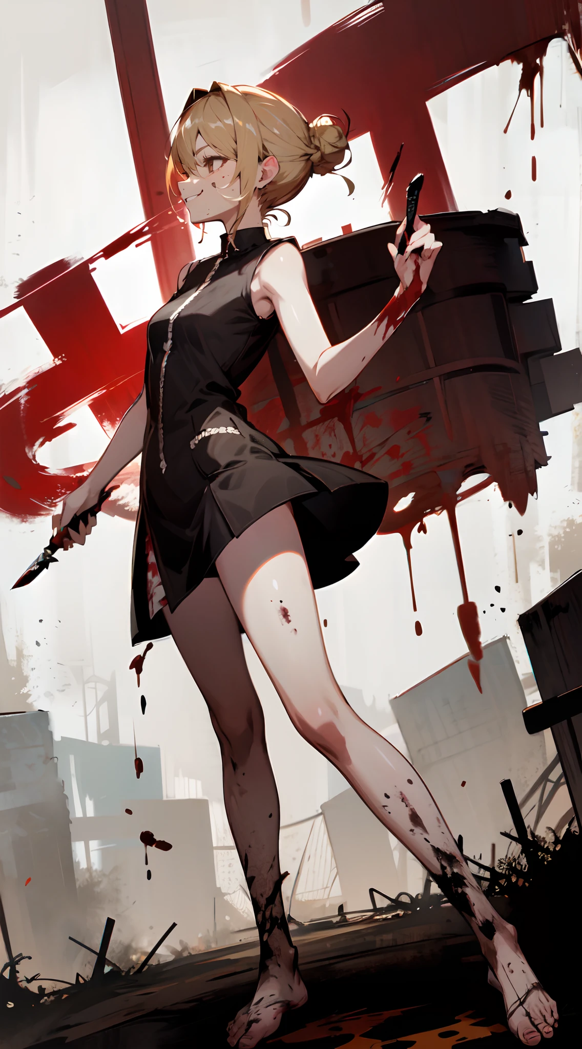 1girl, SissyTCM, barefoot, hair in bun, dirty feet, dress, solo, blonde hair, knife, blood, sleeveless, brown eyes, evil smile