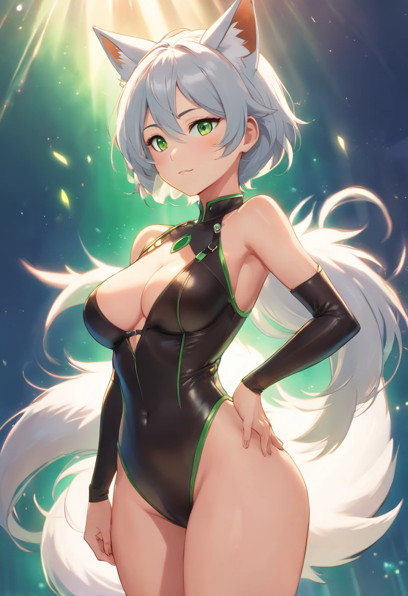 a one woman, Fox ears, Foxtail, Silver hair, Green eyes, big breasts, Leather, Transparent, pantyhouse, leather dress, Bodysuit, Mature Lady, Tall man, wide hips, big ass, Sexy, Mature,