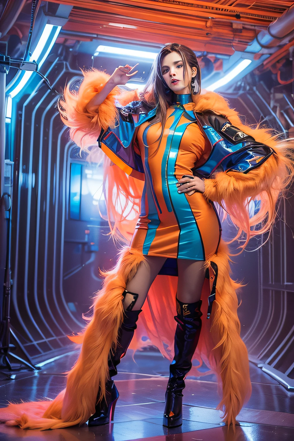 Supermodel in haute couture clothing, orange neon fur and blue transparent polyethylene, Clothing model, in full height, Neo-Futurism style, ultradetail, The texture of the fabric, studio lightning, Professional photo, tmasterpiece, Elegantly, Professional photo, Clothing concept