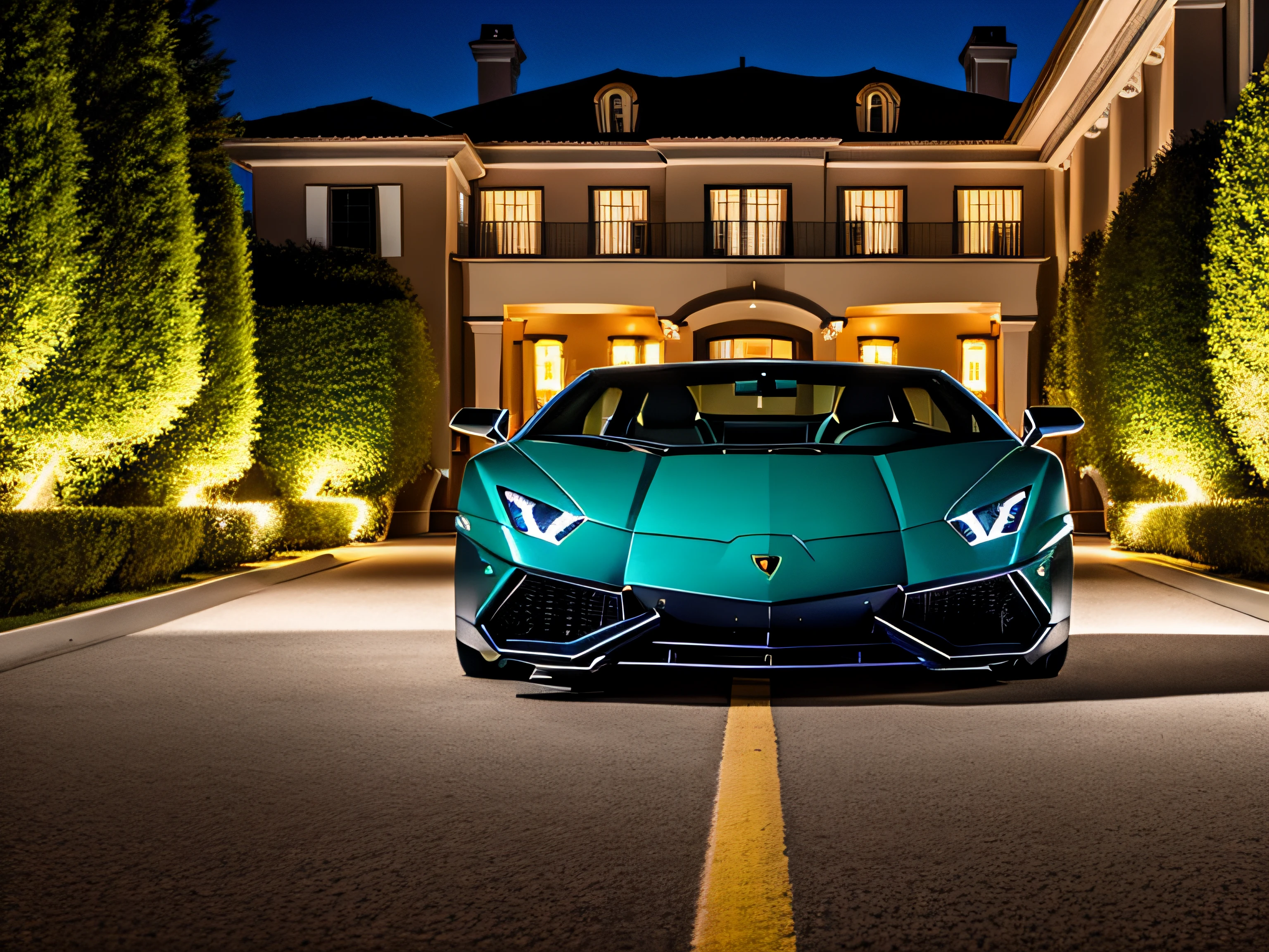 lamborghini next to a mansion driveway at night
