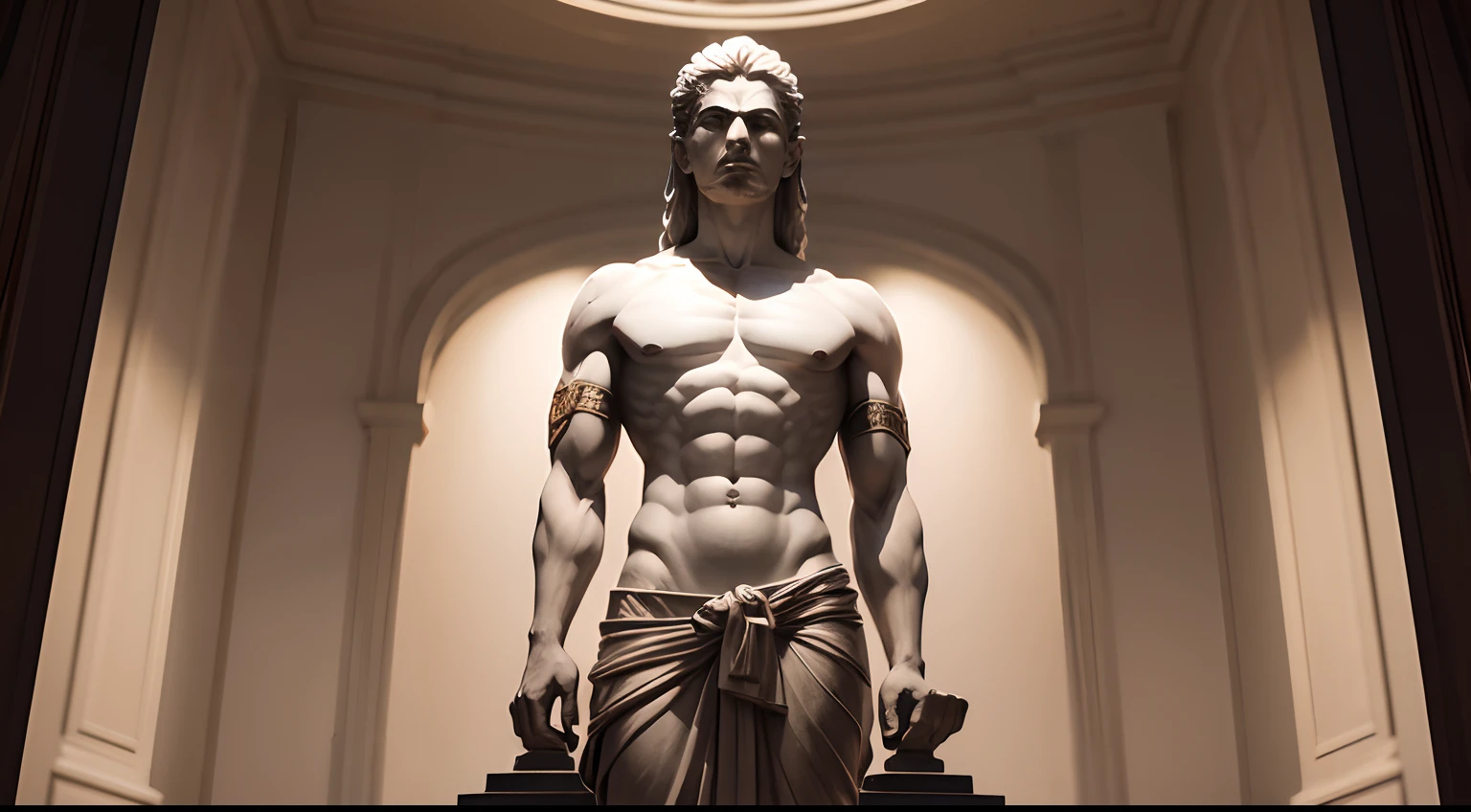 Stoic statue, with an expression of anger, usando manto e tunica longo sobre todo o corpo, Noite escura, ao ceu aberto, 35 mm, lateralmente, Filmado em Sony A7S III com Sony FE 35mm f/1.8, 12.1 MP, --AR 3:2 --estilo cru