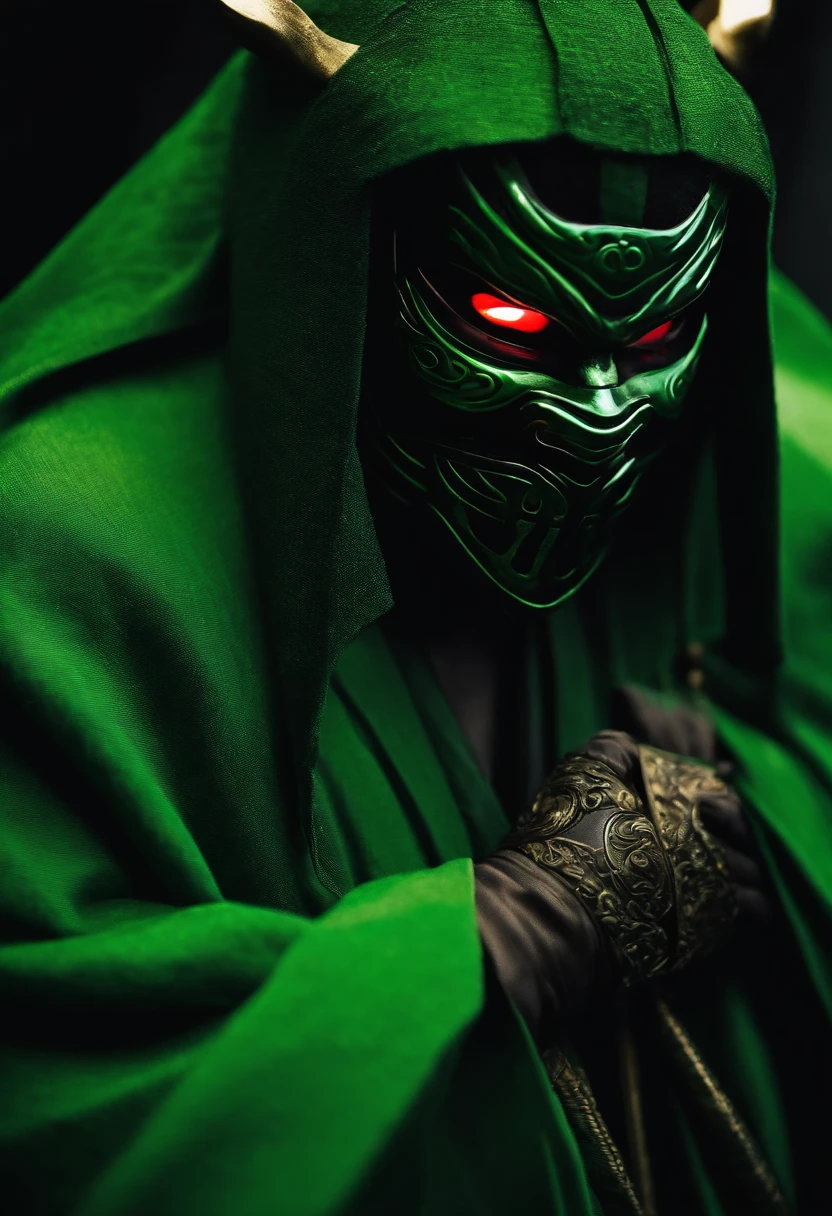 a green ninja with a Japanese oni mask, com uma roupa preta, menacingly
