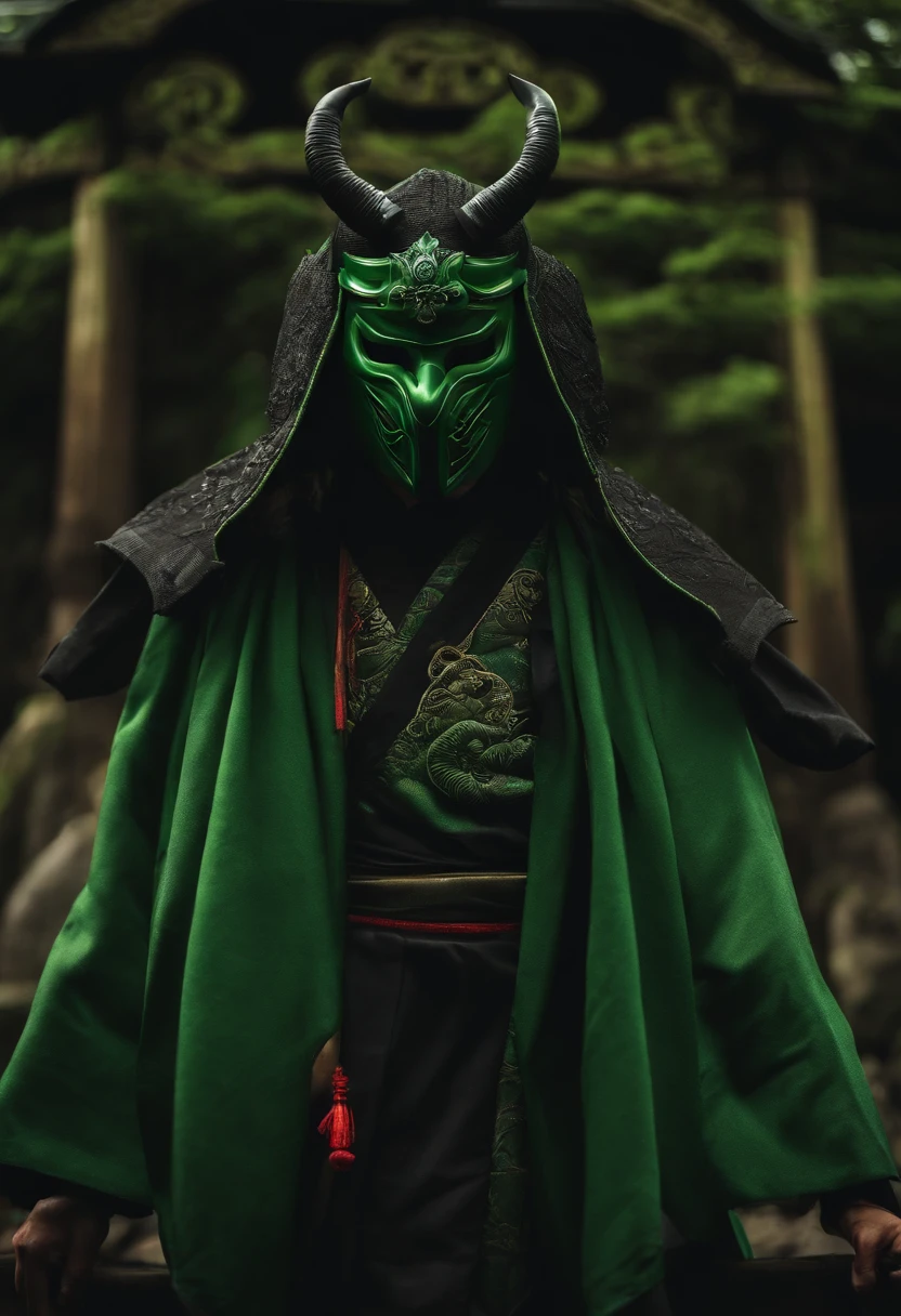 a green ninja with a Japanese oni mask, com uma roupa preta, menacingly