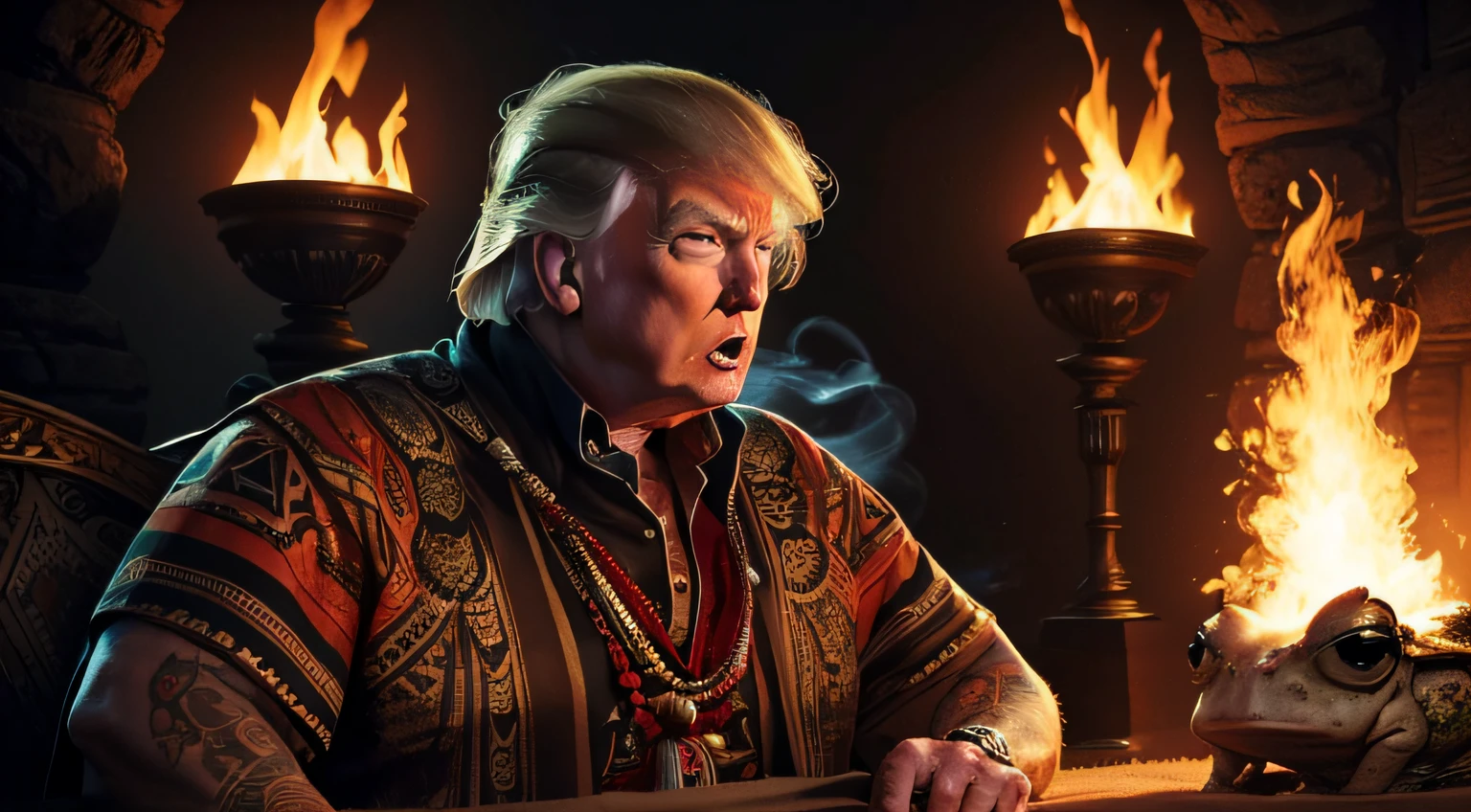 ((donal trump wears native clothes and comes face to face with an alien toad)), ornate tattoo, skull accessory, fangs, anger, shouting, fire, smoke, gloom