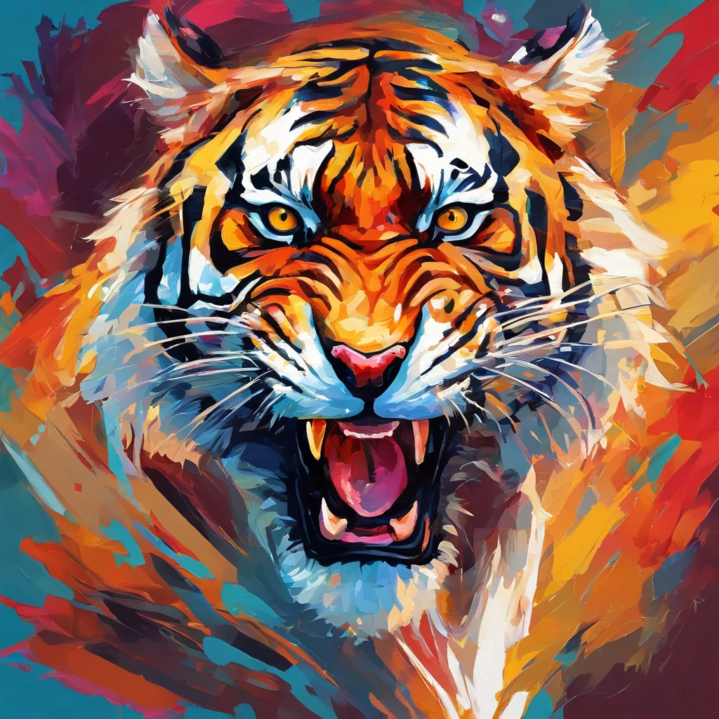 Impasto Oil painting , matt color grading, roaring tiger, closed up of roaring tiger, angry tiger.