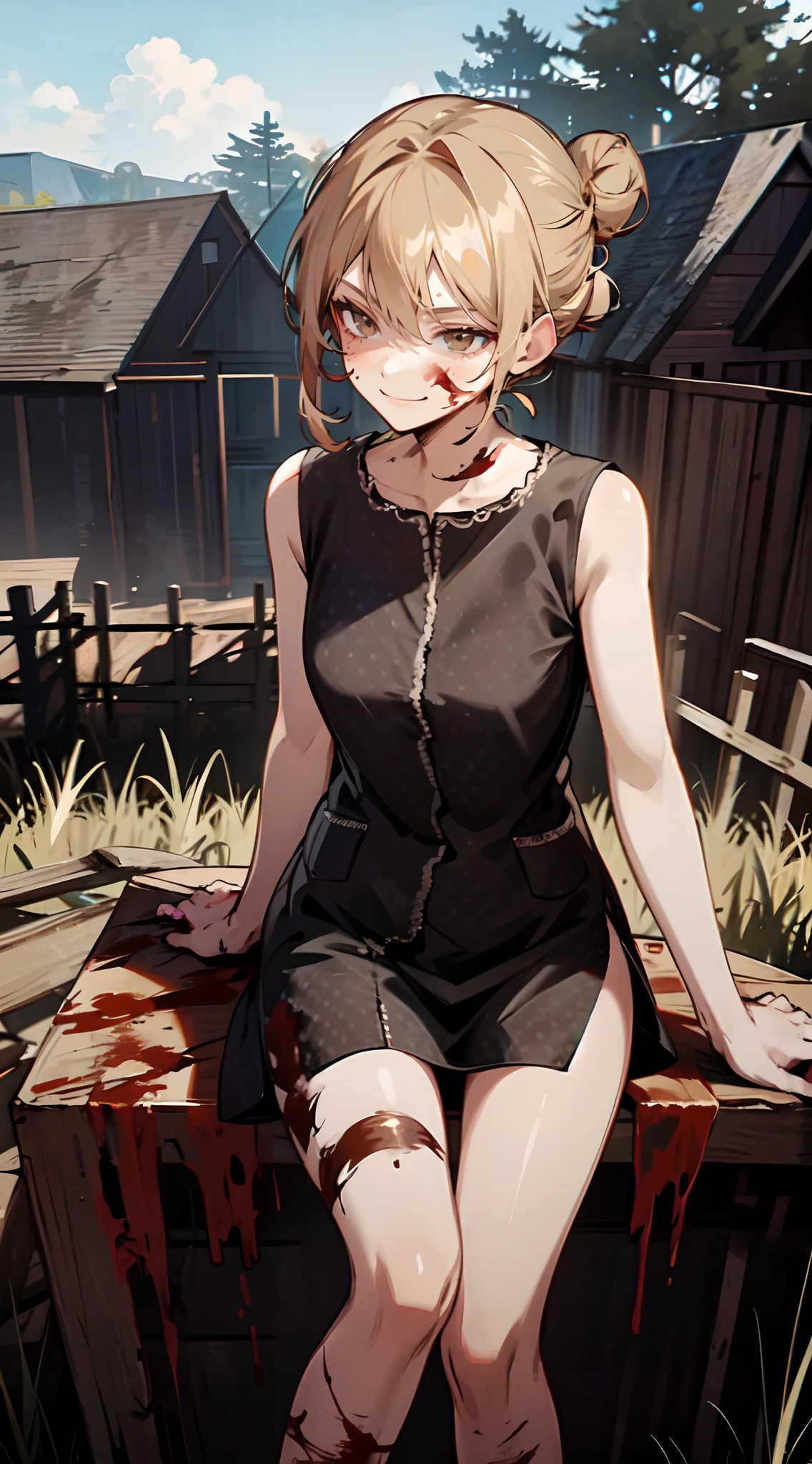 1girl, SissyTCM, barefoot, hair in bun, dirty feet, dress, solo, blonde hair, knife, blood, sleeveless, brown eyes, evil smile, barn, farmland, mud, cowboy shot, sitting