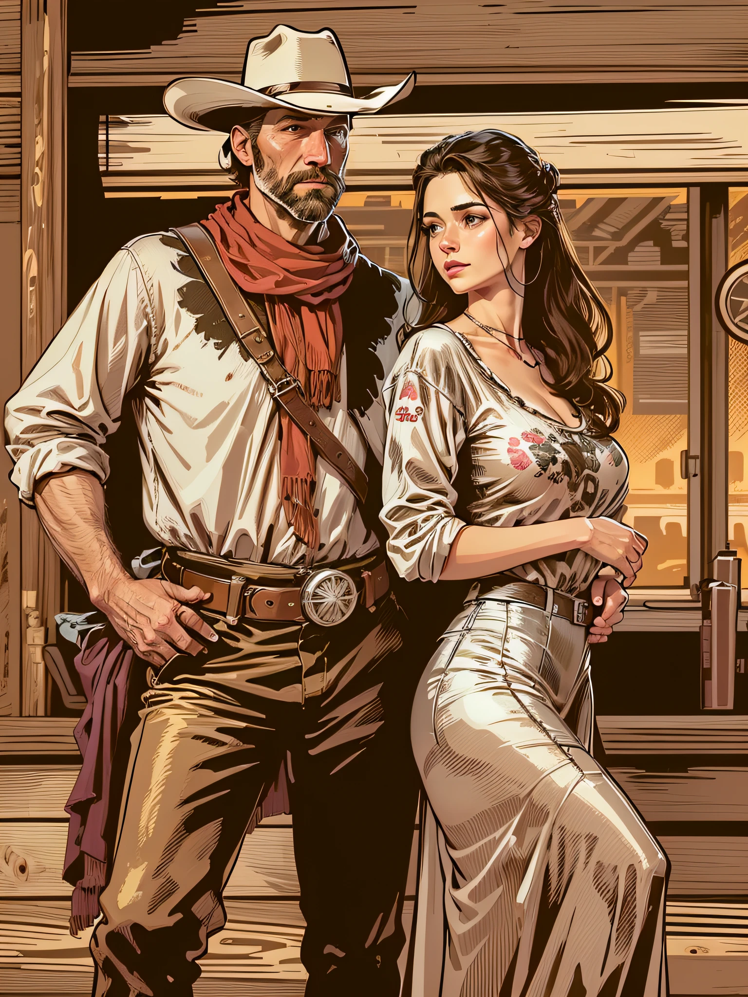 High quality design vector style image, t-shirt print style, graphic art of cowboy with a lady by his side white background realistic colors, american old west scene in salon, vector image.