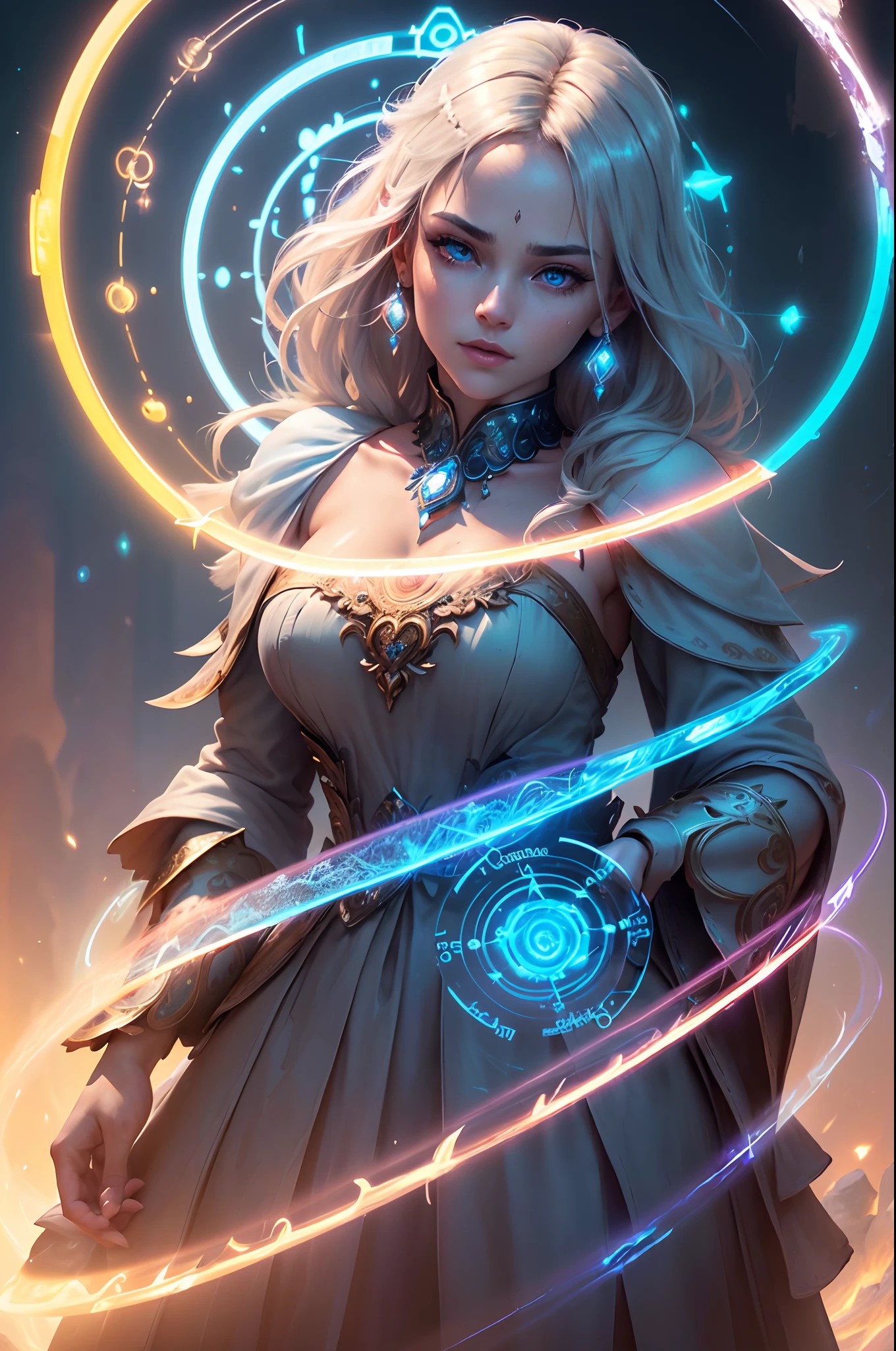 (number々Award-winning masterpieces of, with incredible detail, textures and maximum detail), (Hyper realistic:1.4), (Realistic:1.3), (Top quality real texture skins), (Fine true circle symmetrical eyes), finerly detailed face, ((medieval world)), (full-length portrait:1.5), ((The Lord's Ice Devil)), ((The Lord's Frozen Frigid Devil)), (Brighten and burn your eyes like ice), (She has a mischievous smile on her face), (Eyes glowing blue in the dark:1.5), (A pair of ice blue eyes emitting a strong blue light from the inside:1.5), (full-body standing image:1.5), Bioluminescence, (Swirling ice and strong wind in the background), (Dramatic light), (A majestic sight), (Her countenance is gentle and beautiful, however、Somehow horrible), Glass earrings on the ears, (dramatic photography:1.4), ((dramatic pose)), (flamboyant photo), (Golden hair), (Silver hair), (Chestnut hair), short cut hair, ((looks up)), ((Looking down)), (Around her neck is a simple necklace of exquisite workmanship), (Bioluminescence with brilliant brilliance:1.3), (Use fancy ice magic:1.2), (Swirling ice and snow), The Great Temple of the Devil, The Devil's Grand Shrine, great temple, great cathedral, temple ruins, detached temple, (Luminous magic circle:1.5), Ruins of an ancient castle, Shining majestic cloud masses and sky, lightning bolt, Epic Realistic, Faded, Art Book, (Greg Rutkowski:0.8), (teal and orange:0.4), (Art Station:1.5), Cinematic, ((Neutral colors)), (nffsw:1.5), (Muted colors:1.2), Hyper Detailed, Dramatic light, (Intricate details:1.1), Complex background,