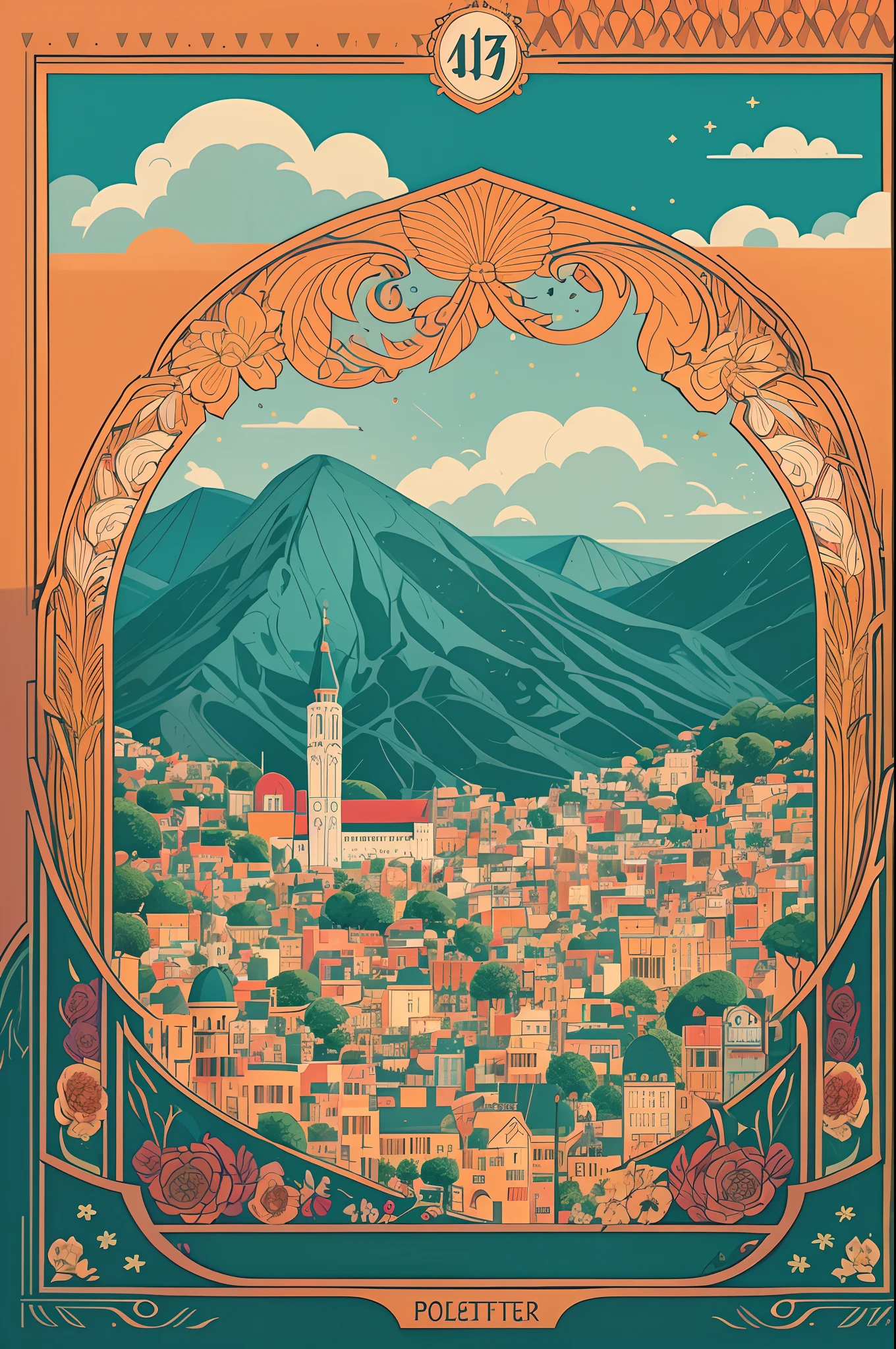 poter Festival of Flowers, design, by wes anderson, graphic design, detailed, illustration, proportional, symmetrical, vibrant colors, flowers, Festival, vector, detailed colors, magic town, conial, dense linework, ceremony, folklore, bright sky, volumetric lighting, 4k resolution, vivid colours