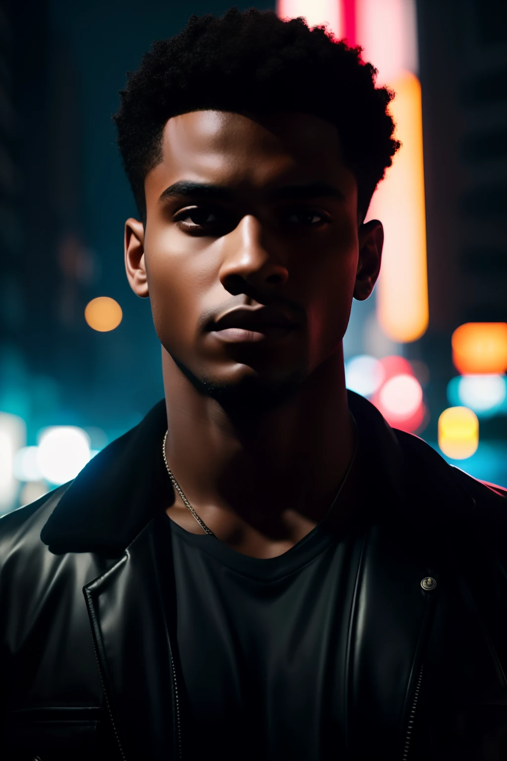 Homem negro de Arafed, 25 years old with short afro cut black hair standing in the middle of a street, hero pose, mid tiro retrato, promo ainda, promocional ainda, zac retz, Tiro na Canon EOS R5, Tiro na Canon EOS R 5, cinematic moody lighting, Raphael Personnaz, fotografia editorial, Alexandre Rostov, Ainda de Riverdale, Retrato tirado 8 K, Cyberpunk Negro, ultra realistic, neon light, modelo de fotografia, Foto RAW, DSRL