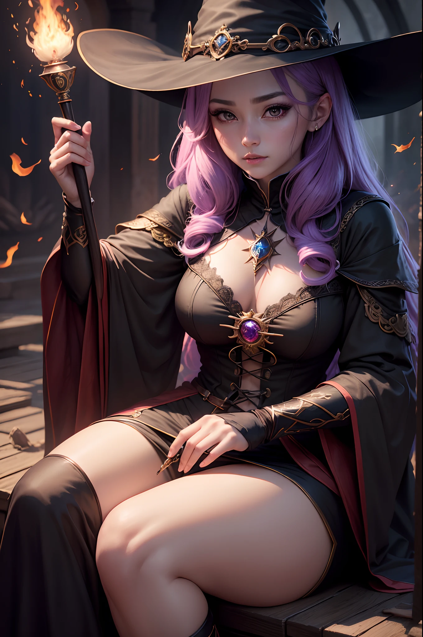 8K,Dressed in a witch costume with a bright wand、A female mage who conjures up spells、(Face like the real thing)Dark fantasy female magician、Portrait of a female magician、Beautiful female magician、Female sorceress、Female Fire Mage、Fire Mage Character Beautiful expression 超A high resolution real looking skin