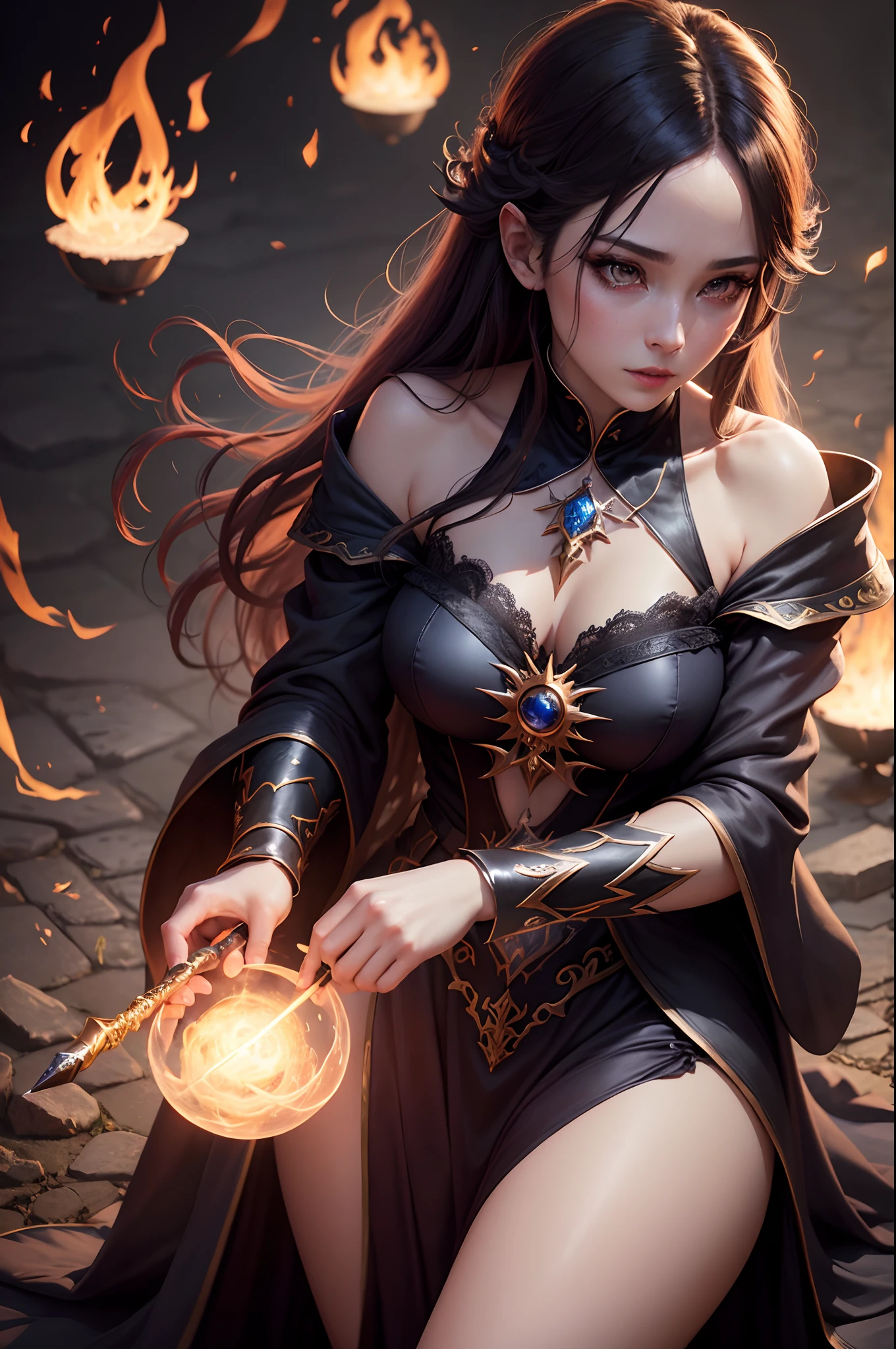 8K,Dressed in a witch costume with a bright wand、A female mage who conjures up spells、(Face like the real thing)Dark fantasy female magician、Portrait of a female magician、Beautiful female magician、Female sorceress、Female Fire Mage、Fire Mage Character Beautiful expression 超A high resolution real looking skin