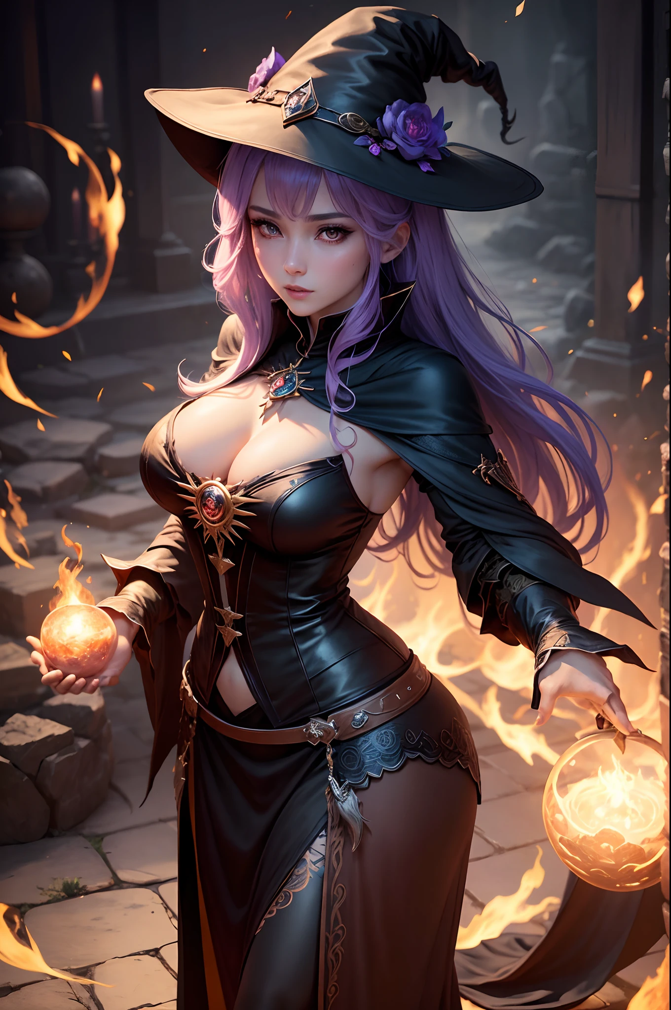 8K,Dressed in a witch costume with a bright wand、A female mage who conjures up spells、(Face like the real thing)Dark fantasy female magician、Portrait of a female magician、Beautiful female magician、Female sorceress、Female Fire Mage、Fire Mage Character　Beautiful expression　超A high resolution　real looking skin