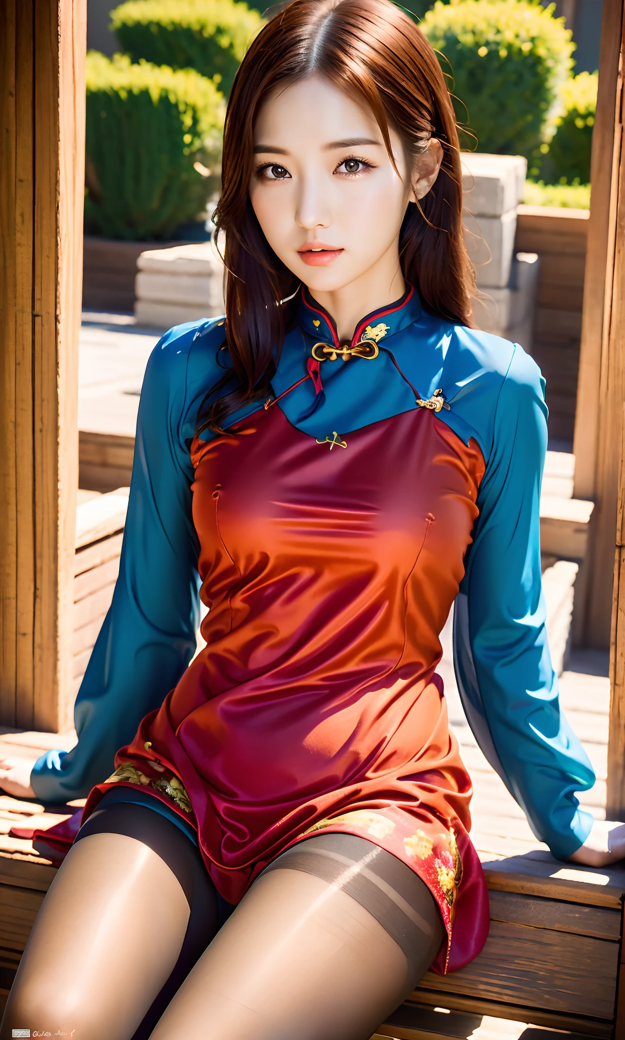 ulzzang-6500-v1.1, (raw photo:1.2), (photorealistic:1.4), beautiful detailed girl, very detailed eyes and face, beautiful detailed eyes, ridiculous, incredibly ridiculous, huge file size, super detailed, high resolution, very detailed, best quality, masterpiece, ((cheongsam)), illustration, very detailed, CG, unified, 8k wallpaper, amazing, fine detail, masterpiece, best quality, Very detailed CG unified 8k wallpaper, face light, movie lighting, 1girl, ************, (()), ((dynamic pose))), (camel toe), (half), (pantyhose), (bent knees and legs sitting))