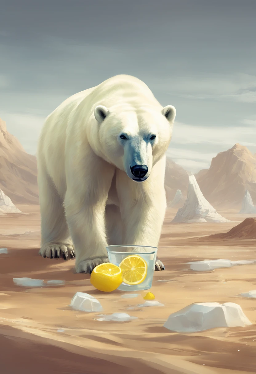 A polar bear drinking water with ice and lemon in a desert