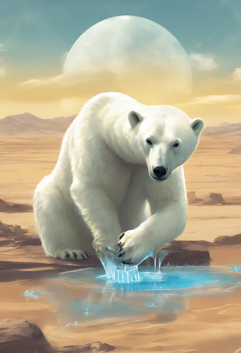 A polar bear drinking water with ice and lemon in a desert