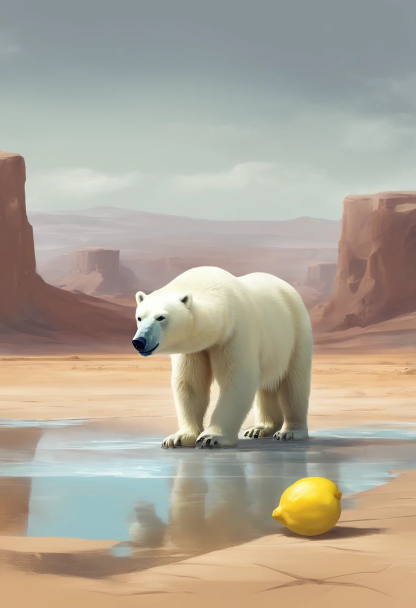 A polar bear drinking water with ice and lemon in a desert