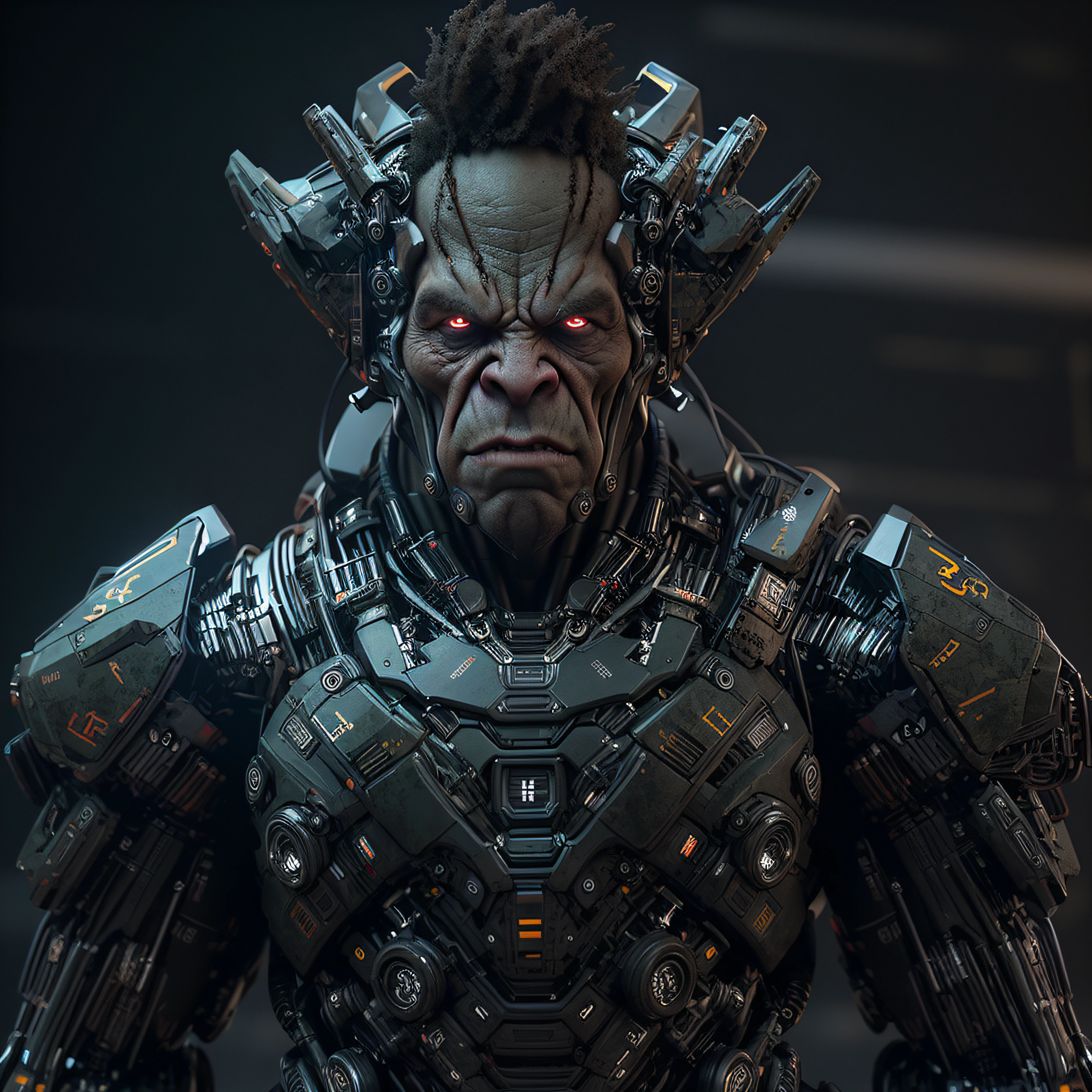 masterpiece, best quality, 1boy, orc, male focus, mecha, robot, science fiction, solo, black background, photo-realistic, octane render, unreal engine, ultra-realistic