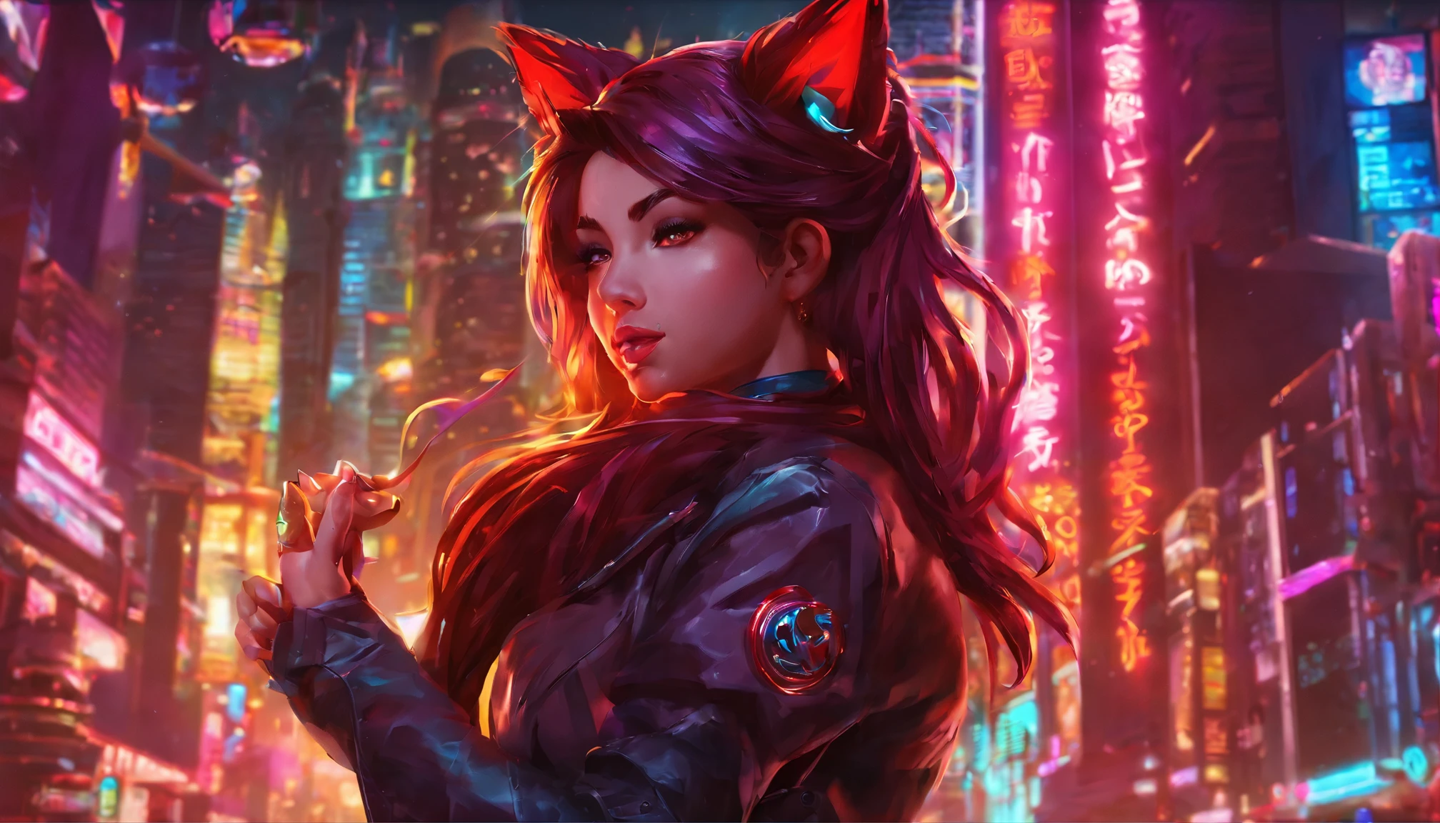 Ahri de League of Legends, foto do corpo todo, perfect hands, cabelos pretos e longos, nine fox tails on the tailbone, orelhas de raposa pretas, roupa de samurai vermelha, papel de parede, fundo em Iona, rosto sexy oriental, cabelos pretos escuros, imagem horizontal, celular