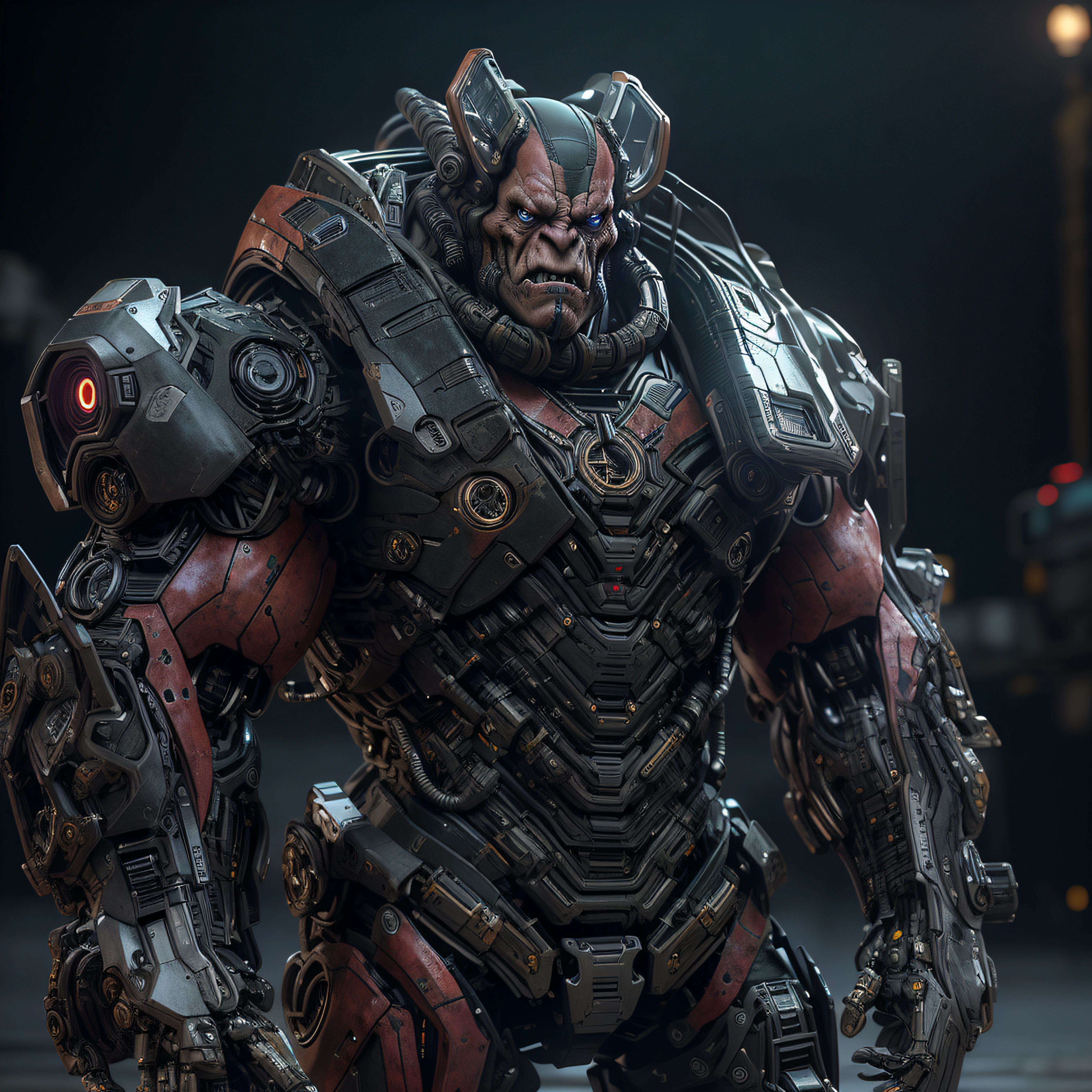 masterpiece, best quality, 1boy, orc, male focus, mecha, robot, science fiction, solo, black background, photo-realistic, octane render, unreal engine, ultra-realistic