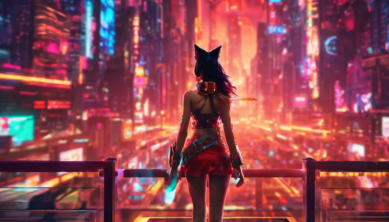 Ahri de League of Legends, foto do corpo todo, perfect hands, cabelos pretos e longos, nine fox tails on the tailbone, orelhas de raposa pretas, roupa de samurai vermelha, papel de parede, fundo em Iona, rosto sexy oriental, cabelos pretos escuros, imagem horizontal, celular