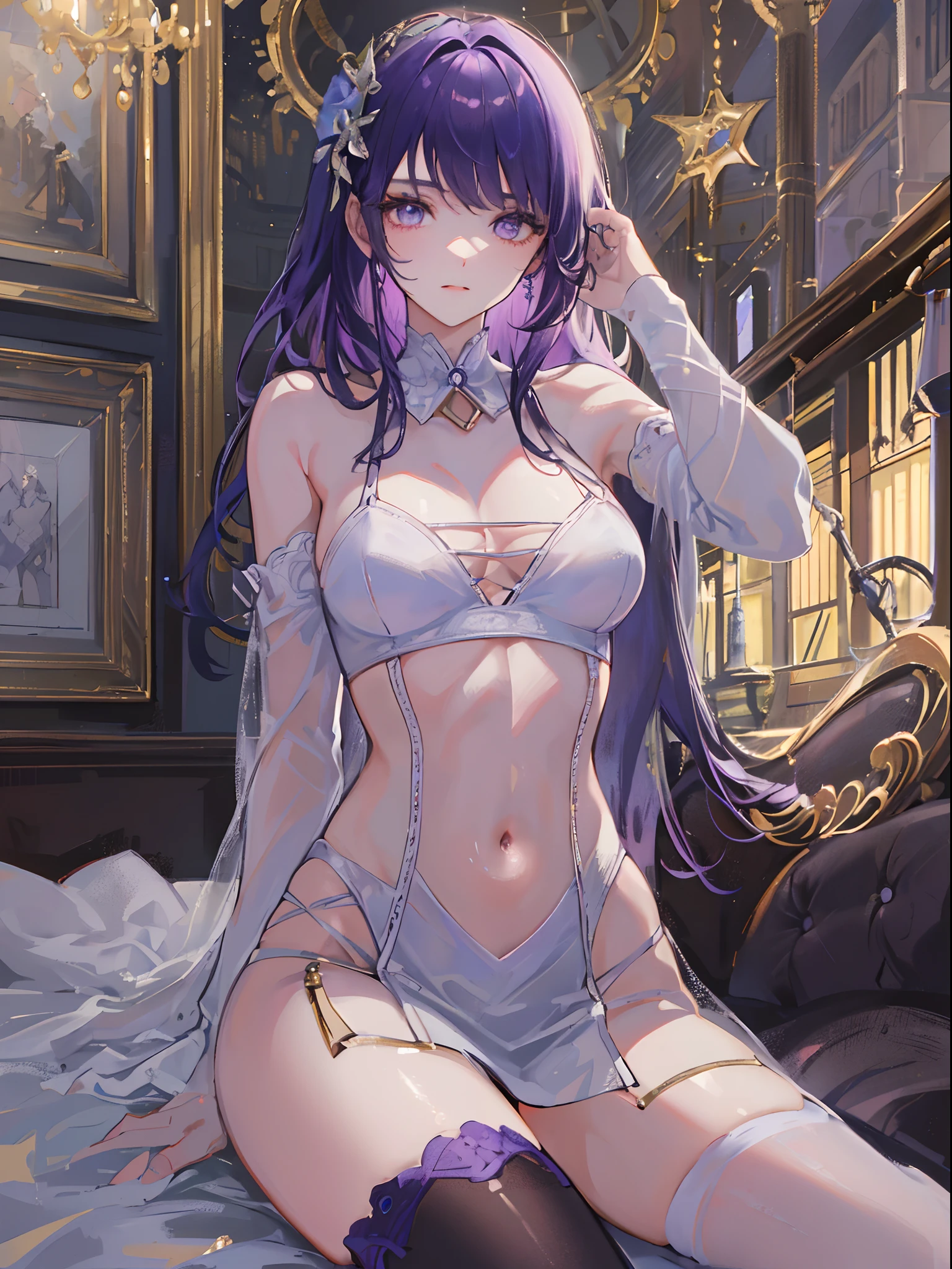 ((beautiful lighting, Best quality, 8K, Masterpiece: 1.3)), 1girl, Perfect body beauty: 1.4, Slim abs: 1.1, ((purple hair)), (White dress: 1.4), (Indoor , night: 1.1), (bed), Super Fine Face, Fine Eyes, Glasses, naughty look, (Over the knee black stockings: 1.5)