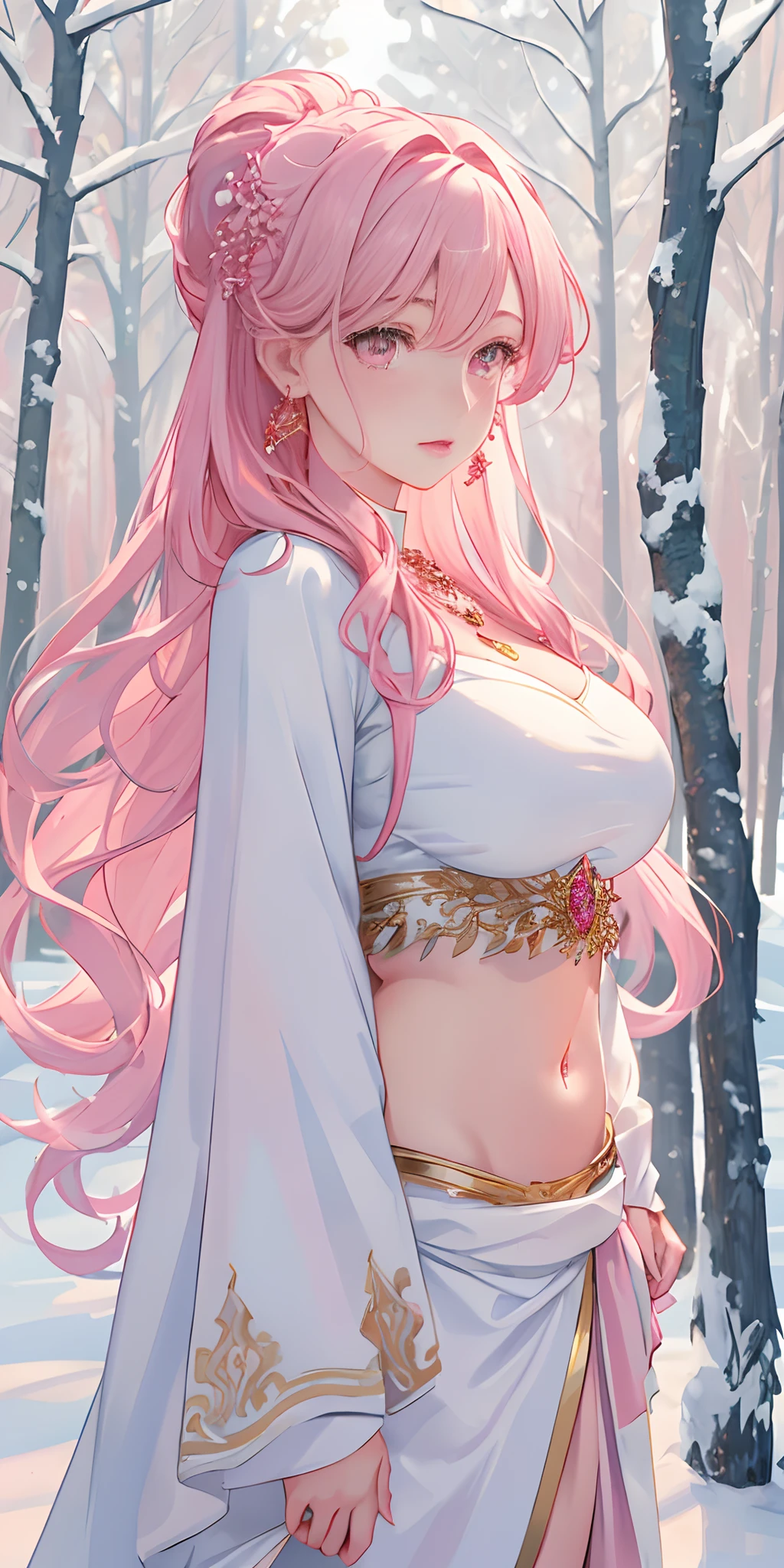 rosy pink color, snow forest as background, fashion model posing, (photorealistic:1.4), (masterpiece, front lighting, finely detailed beautiful eyes: 1.2), masterpiece*portrait, realistic, 3d face, glowing eyes, shiny hair, lustrous skin, solo, embarrassed, (midriff), absolute_cleavage, necklace, sapphire_earrings