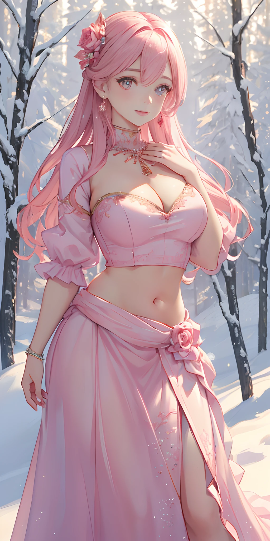 rosy pink color, snow forest as background, fashion model posing, (photorealistic:1.4), (masterpiece, front lighting, finely detailed beautiful eyes: 1.2), masterpiece*portrait, realistic, 3d face, glowing eyes, shiny hair, lustrous skin, solo, embarrassed, (midriff), absolute_cleavage, necklace, sapphire_earrings